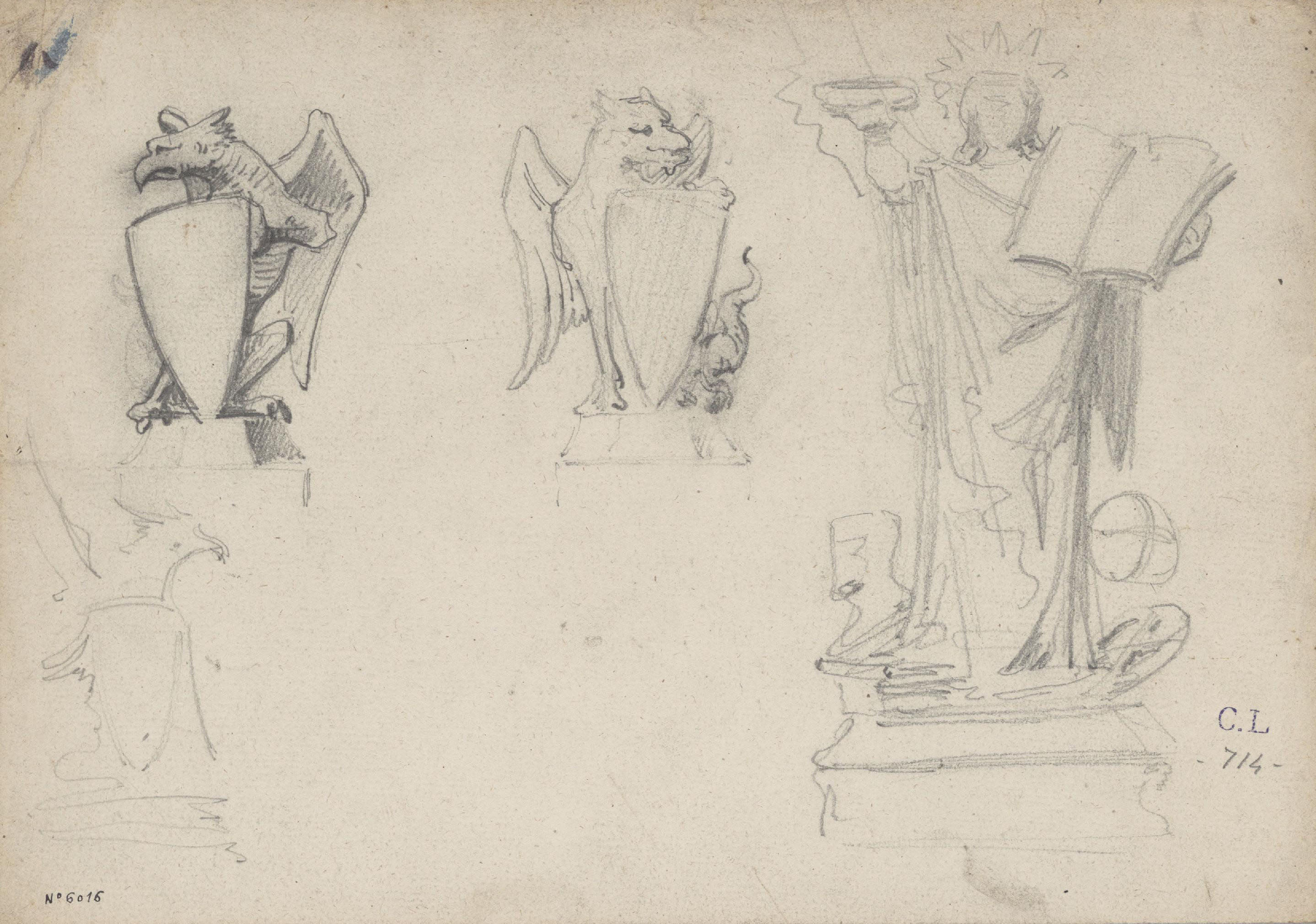 image for: Claudi Lorenzale - Estudi de grius aguantant escuts i al·legoria de la Ciència - Cap a 1860-1880