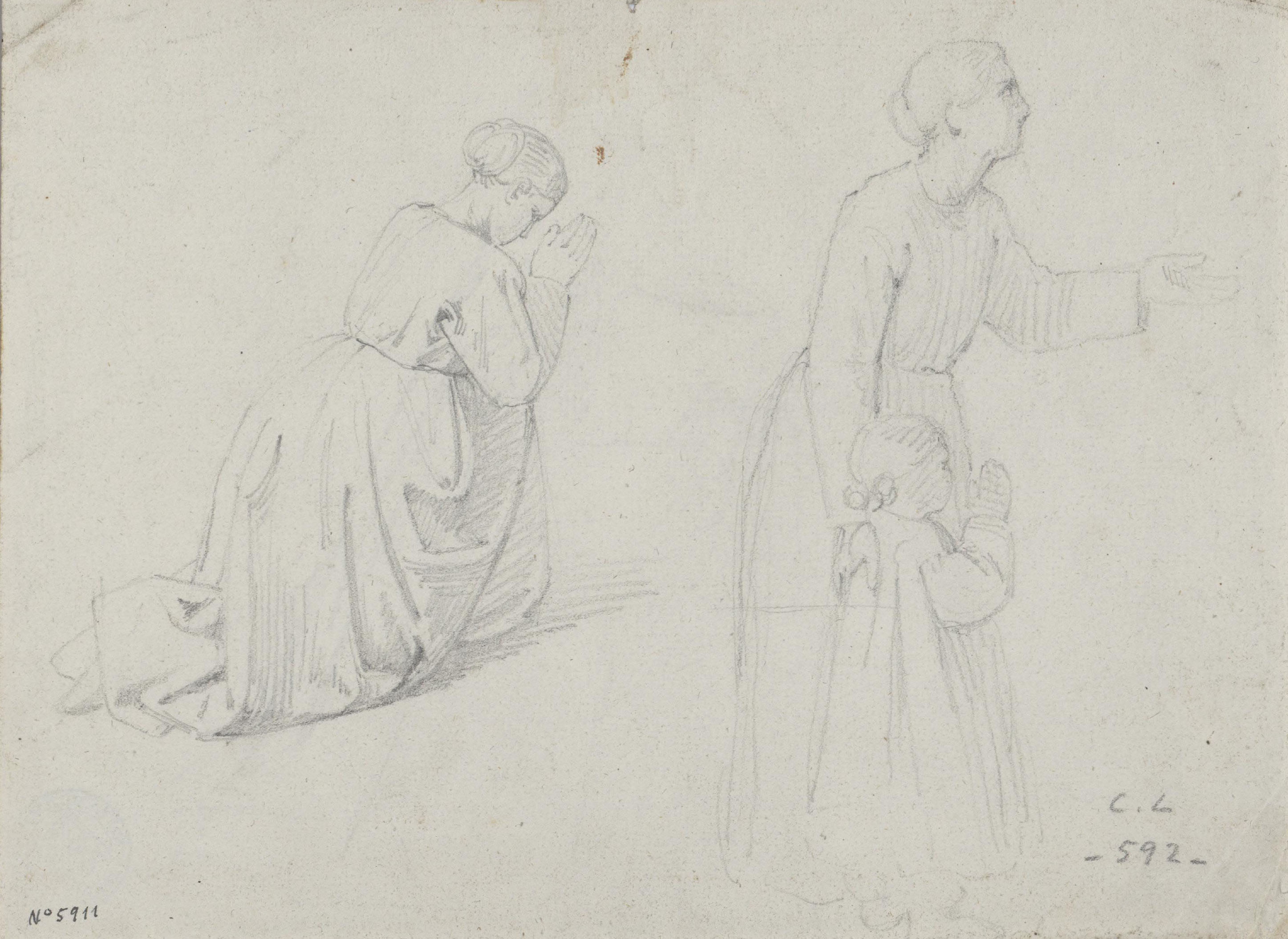 image for: Claudi Lorenzale - Figura femenina pregant i figura amb nena (anvers) / Estudi de figura masculina (revers) - Cap a 1850-1870