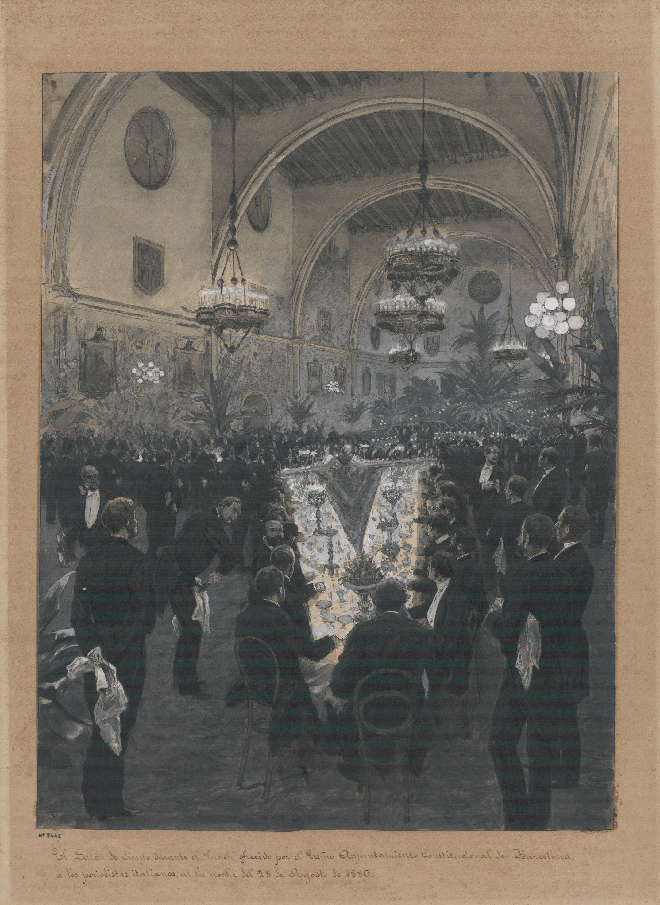 image for: Josep Lluís Pellicer - El Salón de Ciento durante el lunch ofrecido por el Excmo. Ayuntamiento Constitucional de Barcelona á los periodistas italianos - 1886