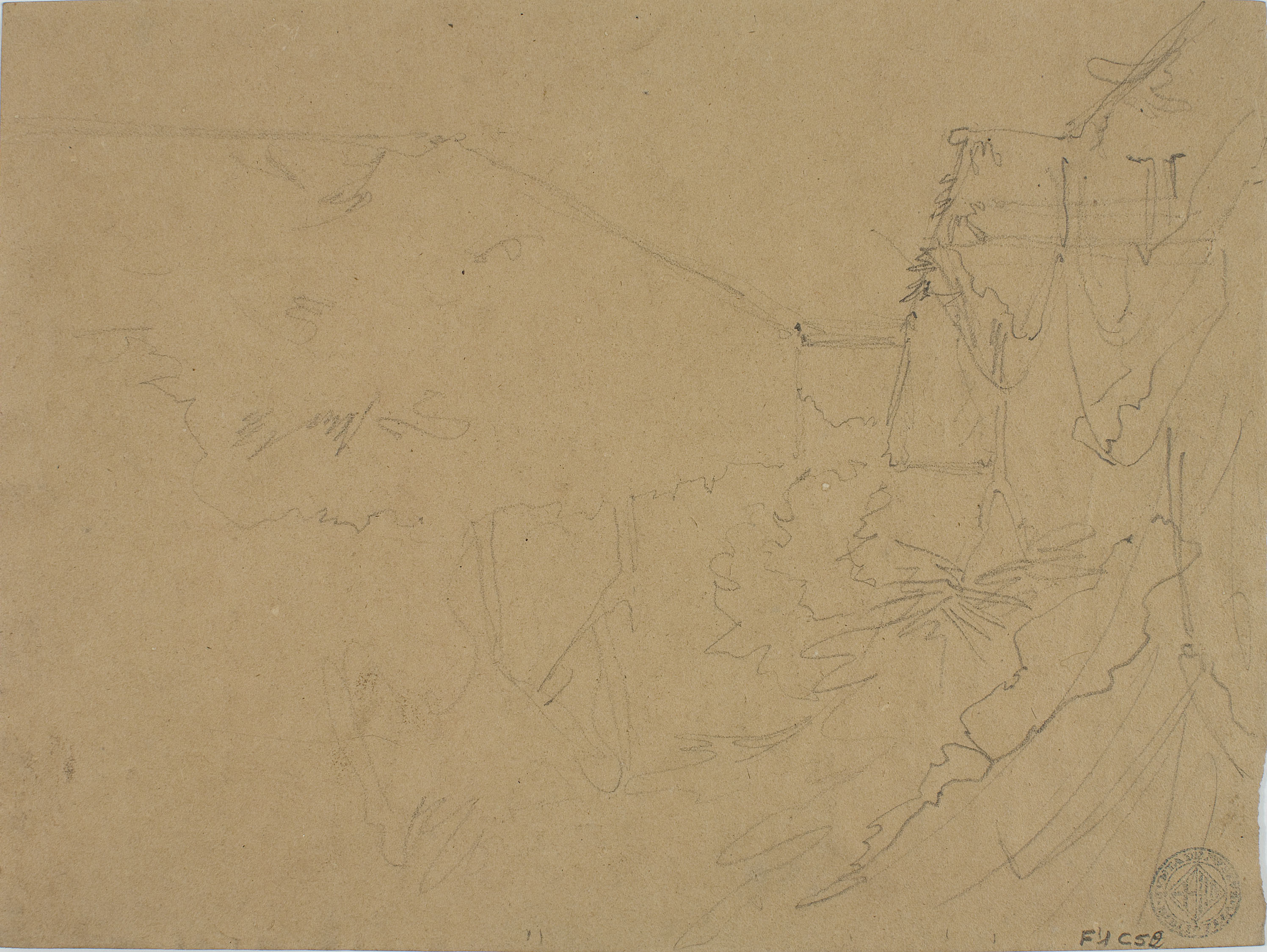 image for: Claudi Lorenzale - Estudi del Monestir de Pedralbes per a la pintura (anvers) / Croquis de paisatge (revers) - Cap a 1840-1850 [1]