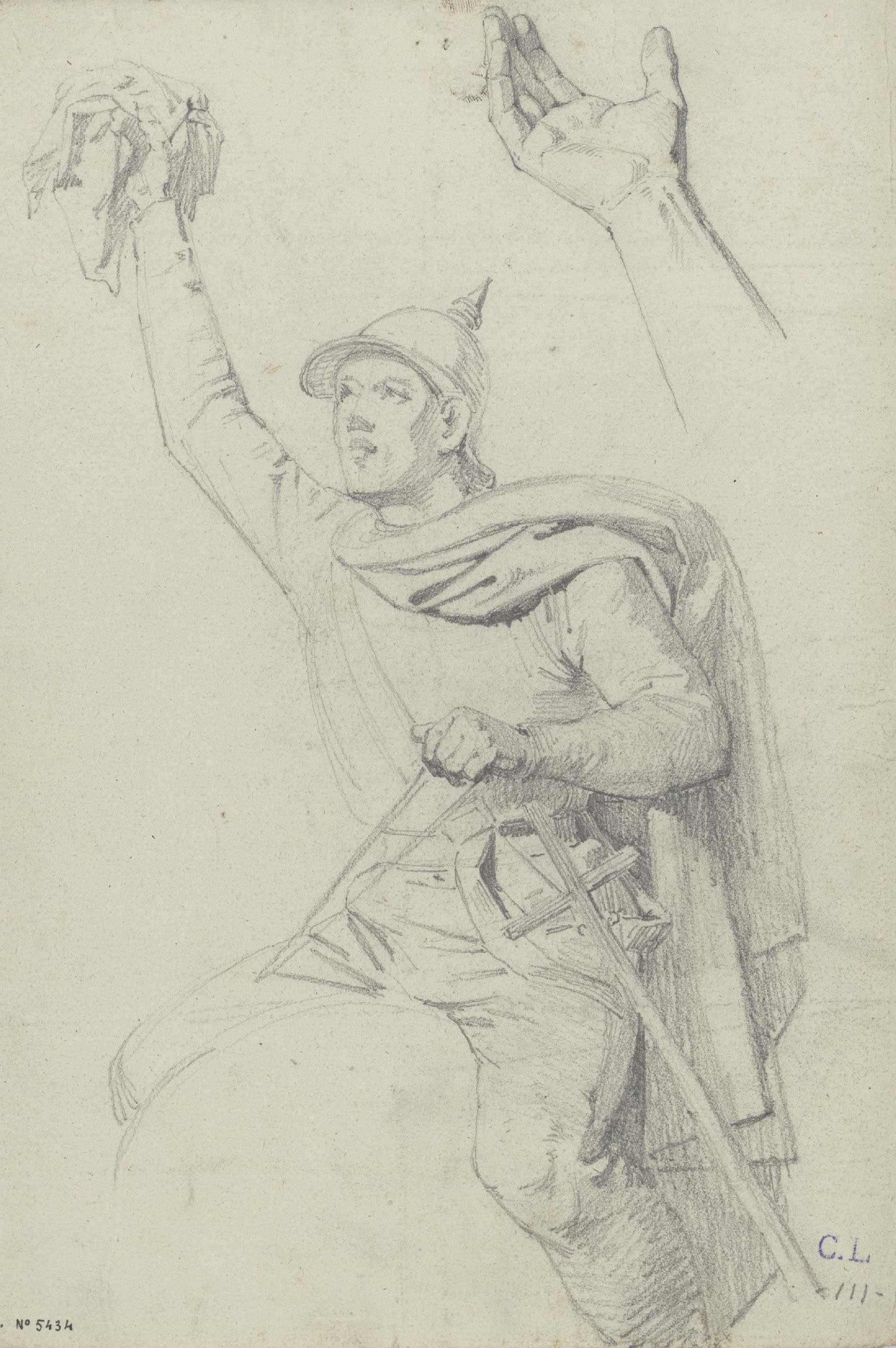 image for: Claudi Lorenzale - Estudi de soldat de cavalleria saludant amb un mocador i estudi de la mà - Cap a 1850-1870