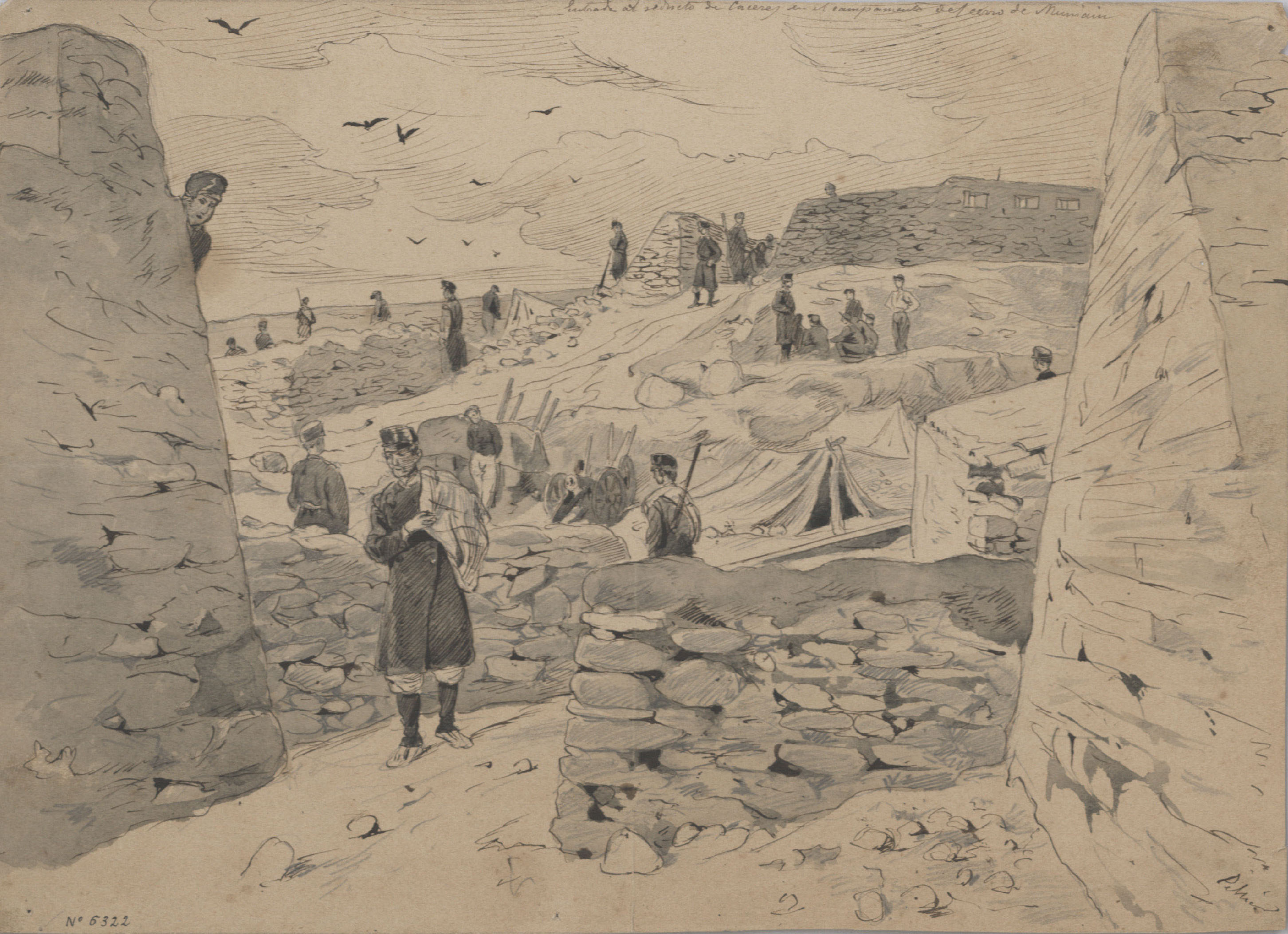 image for: Josep Lluís Pellicer - Entrada al reducto de Caceres en el campamento del cerro de Muniain - 1875