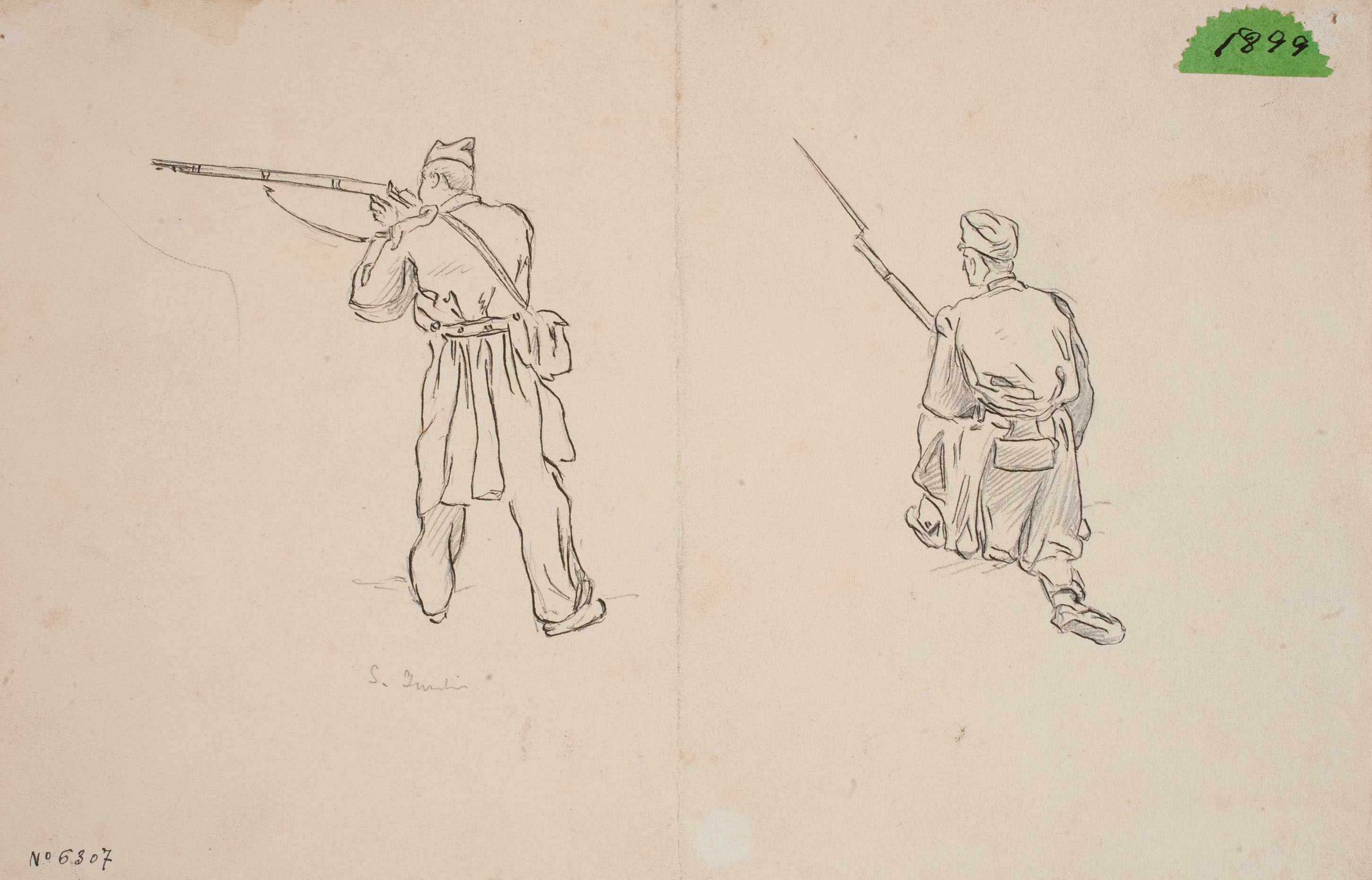 image for: Josep Lluís Pellicer - Estudi de soldats (anvers) / Embarque de tropas en Portugalete (revers) - Cap a 1872-1876