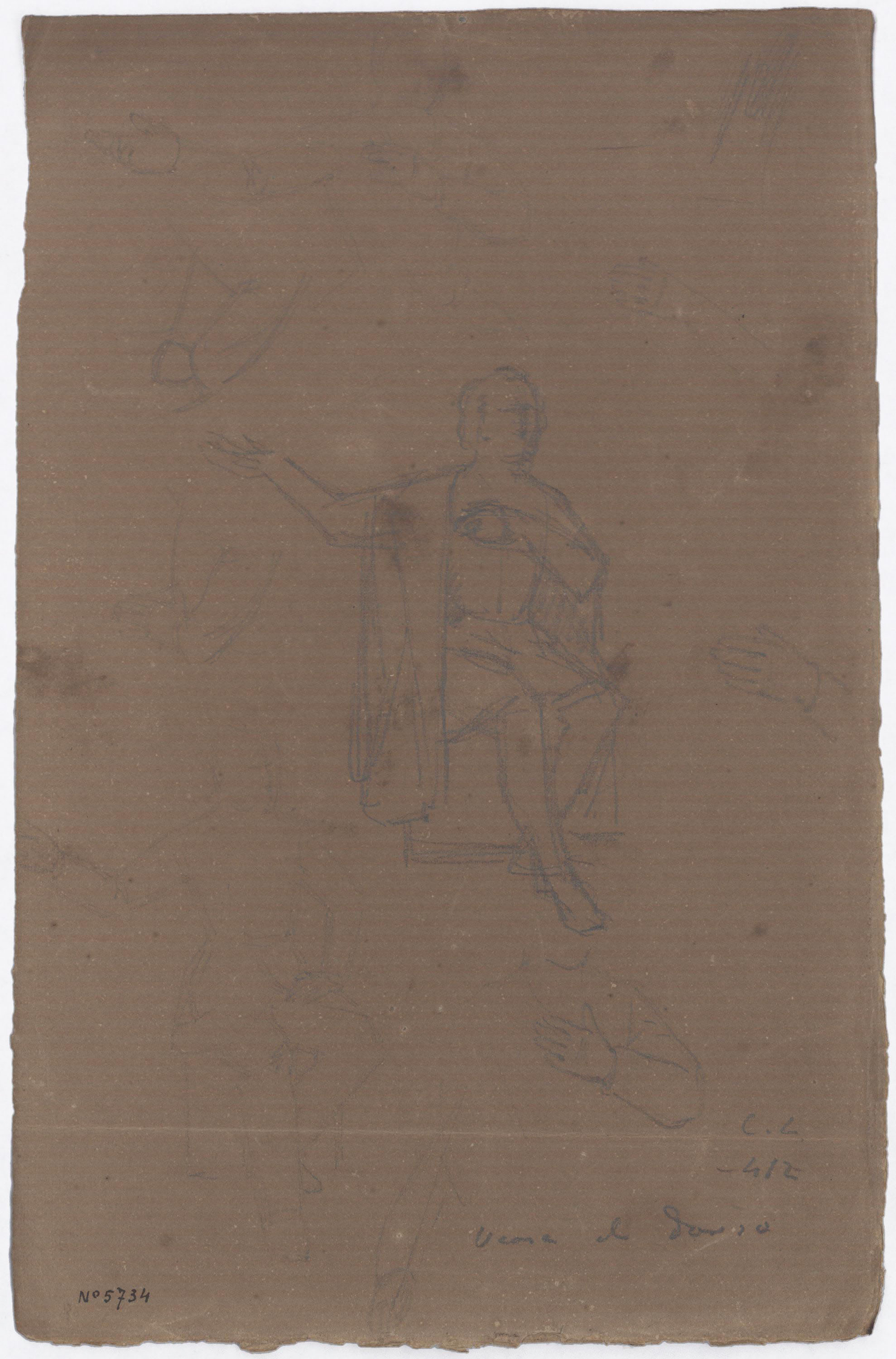 image for: Claudi Lorenzale - Home assegut i esbós de braços i de mans (anvers) / Estudi de figura (revers) - Cap a 1850-1870