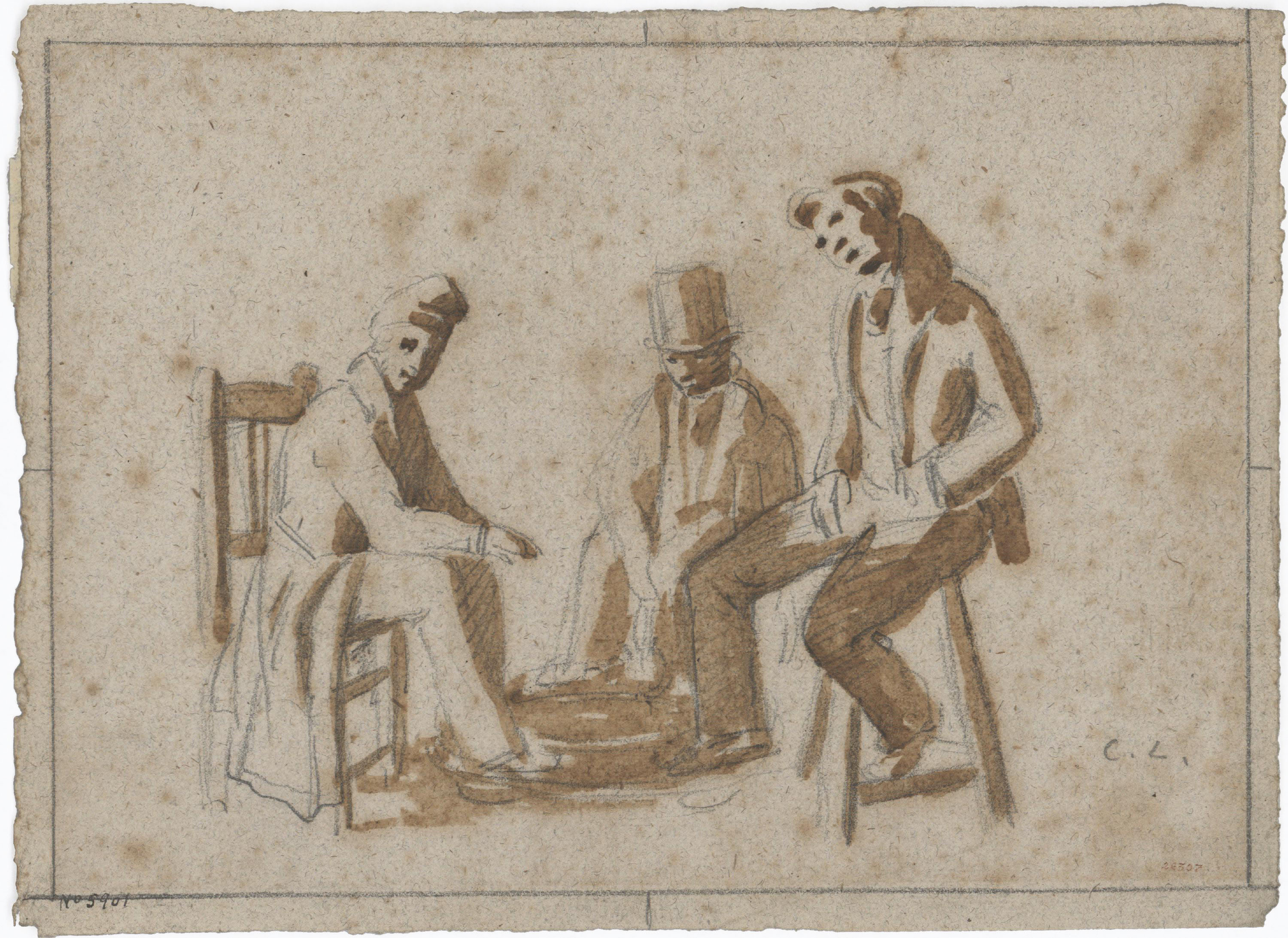 image for: Claudi Lorenzale - Tres homes escalfant-se al voltant d&#039;un braser - Cap a 1840