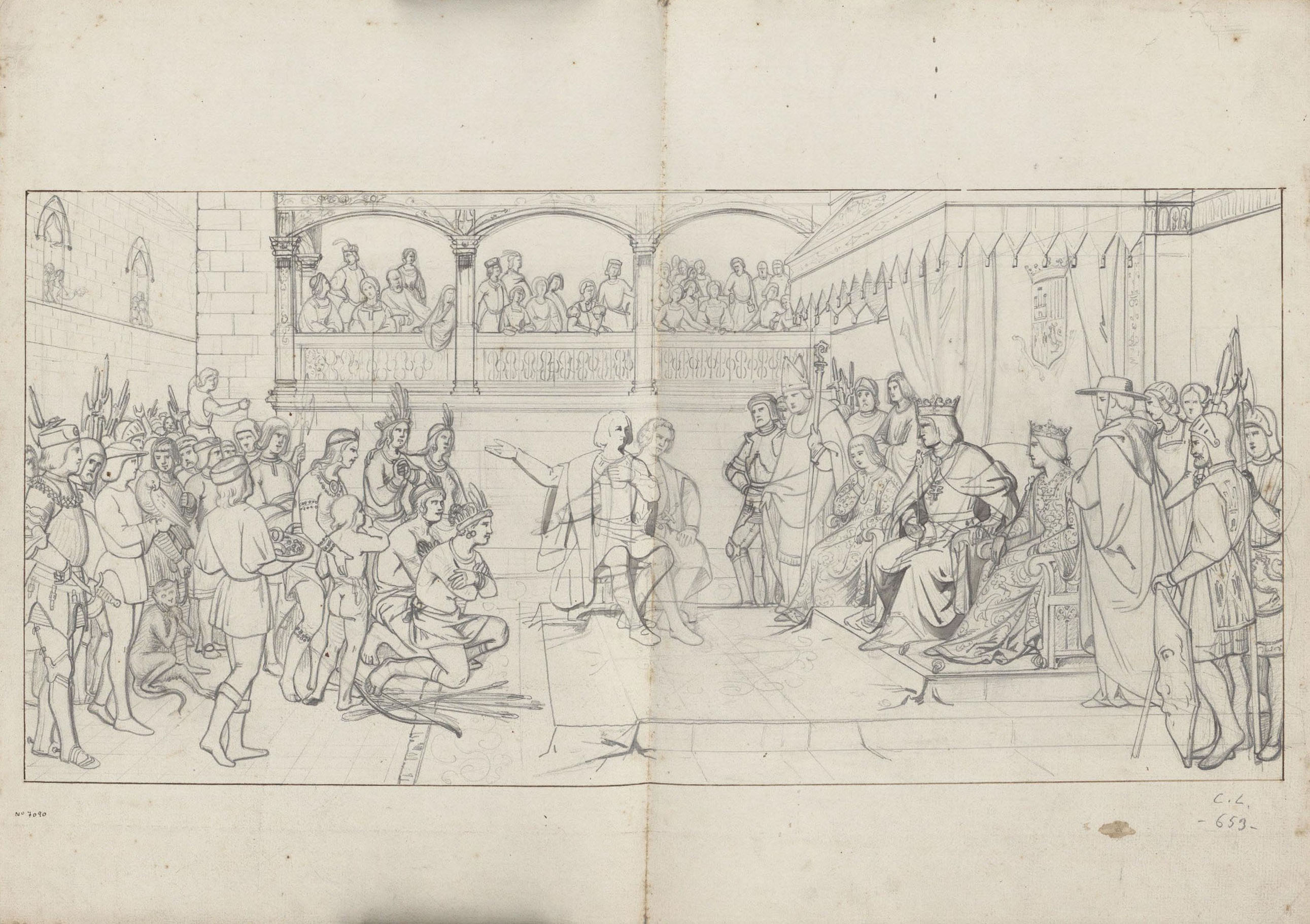 image for: Claudi Lorenzale - Presentació de Colom als Reis Catòlics dels homes i animals procedents d'Amèrica - Cap a 1850-1870