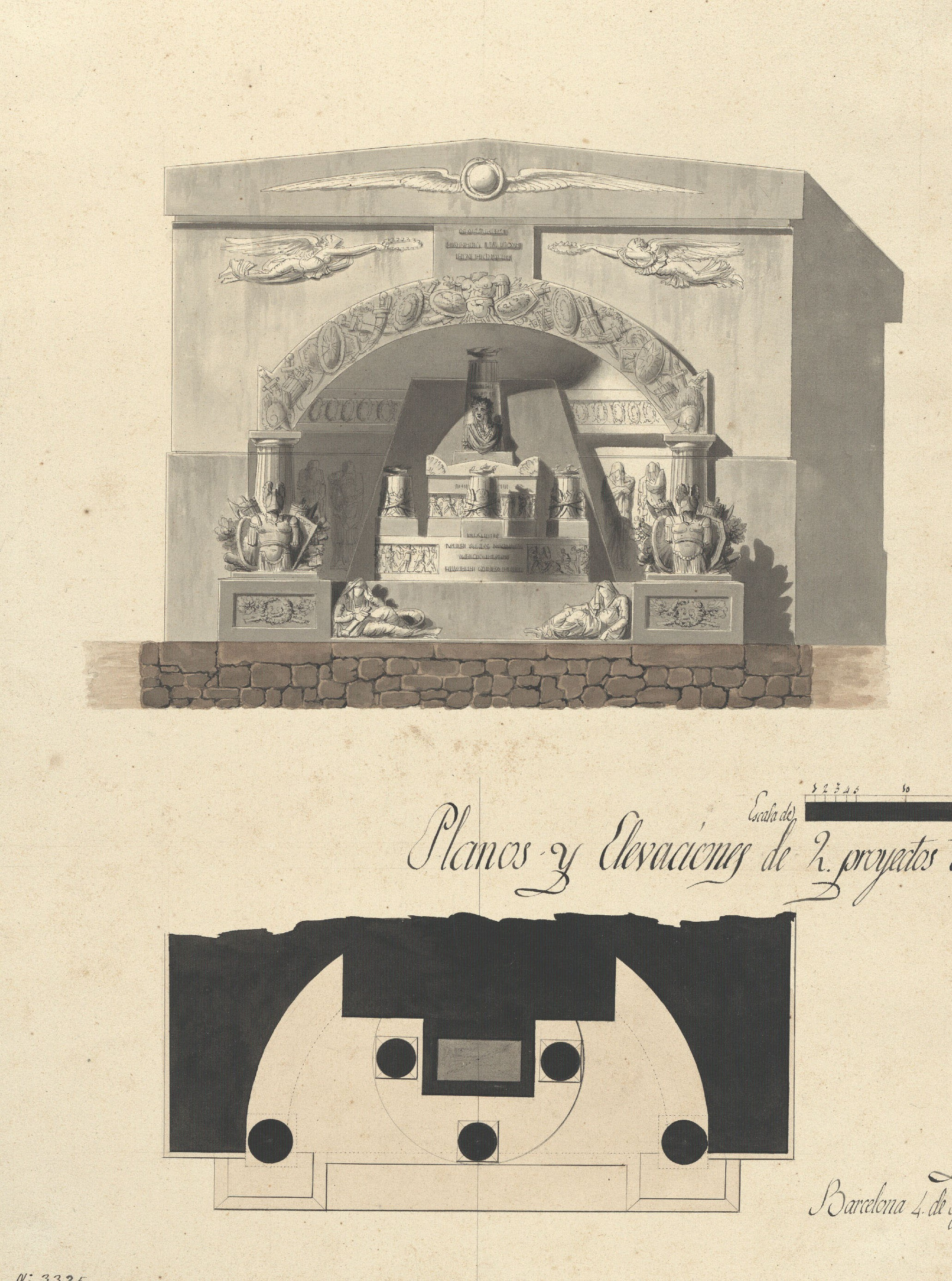image for: Joaquim Rigalt - Planos y Elevaciones de dos proyectos de Ninchos Sepulcrales dedicados a Heroes Militares - Maig de 1821