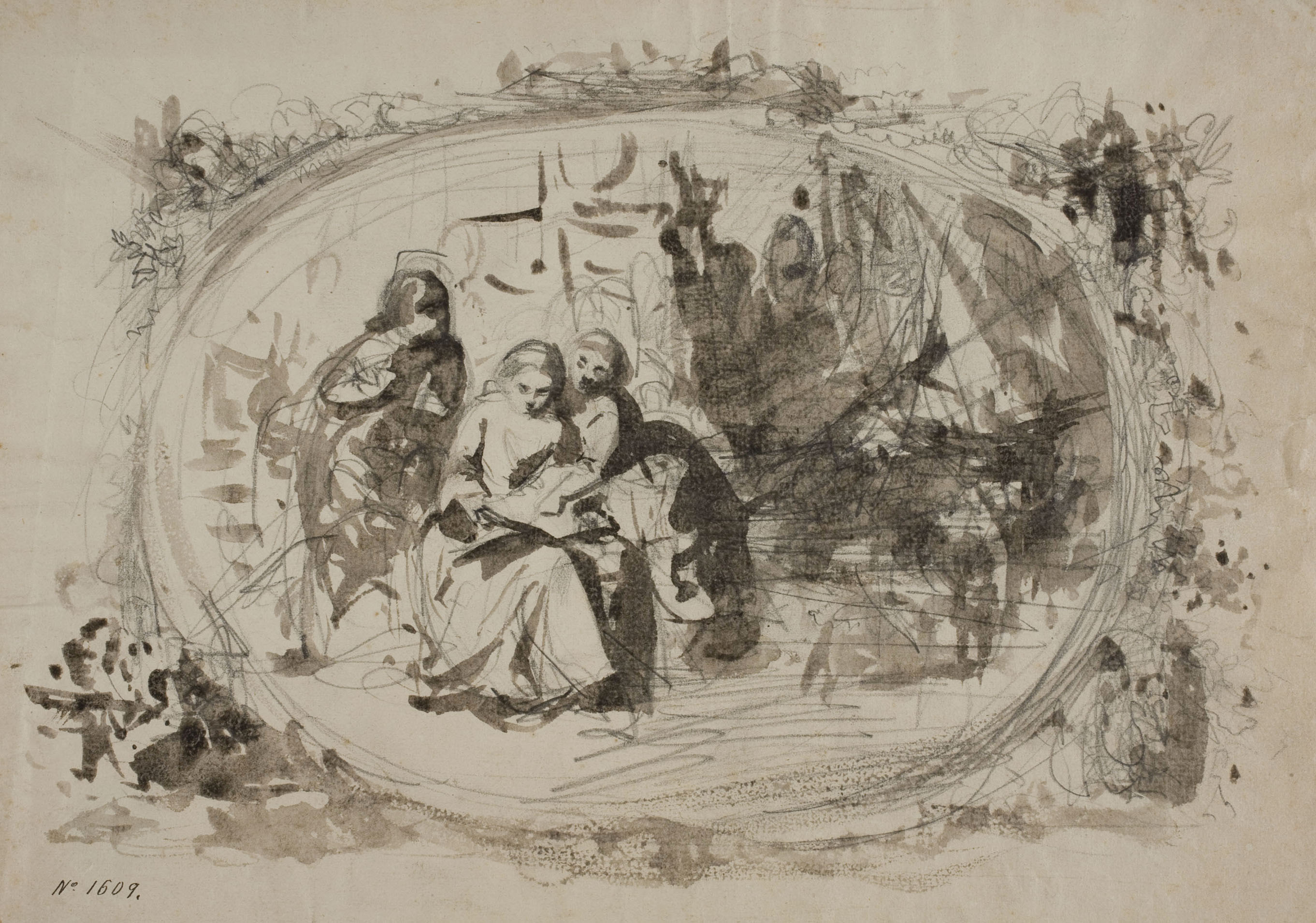 image for: Ramon Martí i Alsina - Tres personatges emmarcats en un oval - Cap a 1865-1870