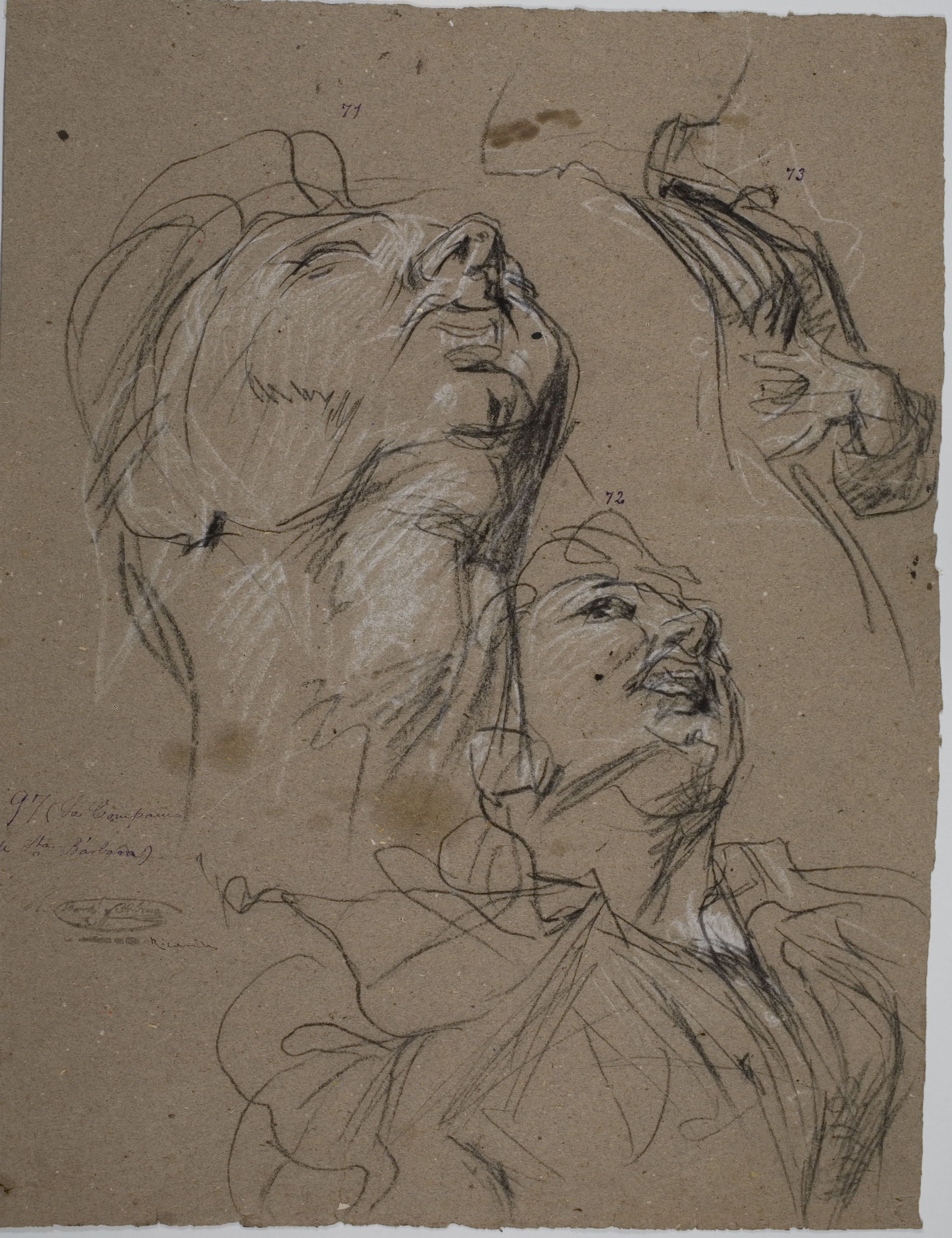 image for: Ramon Martí i Alsina - Tres estudis del cap, bust i ma de figura femenina per al quadre «La Companyia de Santa Bàrbara» - Cap a 1891