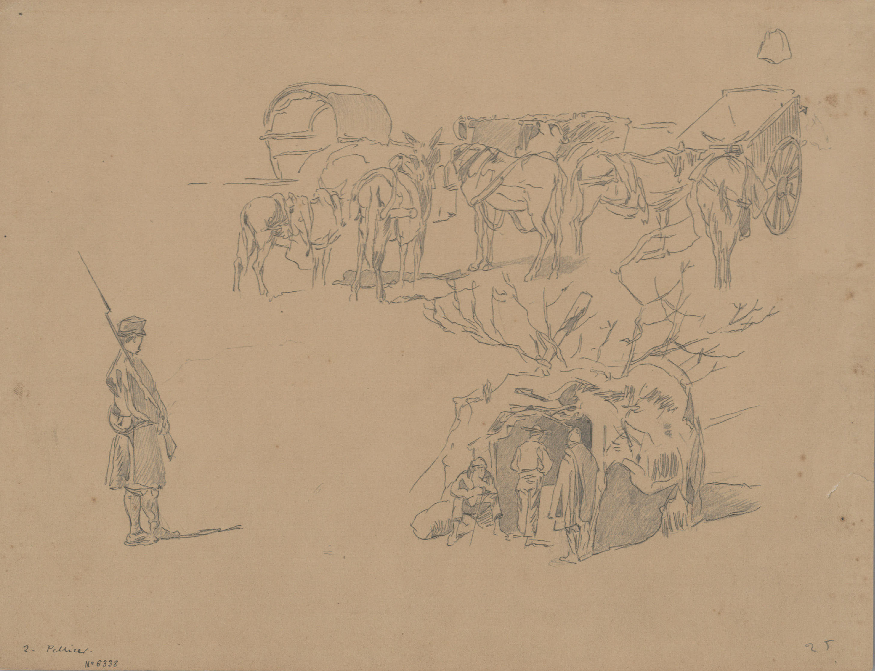 image for: Josep Lluís Pellicer - Soldats i cavalls descansant - Cap a 1872-1876