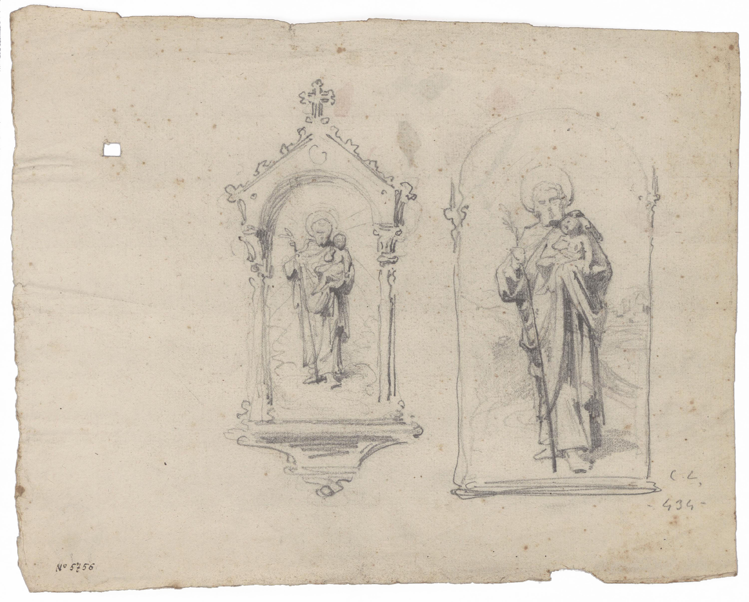 image for: Claudi Lorenzale - Sant Josep portant al Nen (anvers) / Apunt de Sant Josep i proves de color (revers) - Cap a 1850-1870