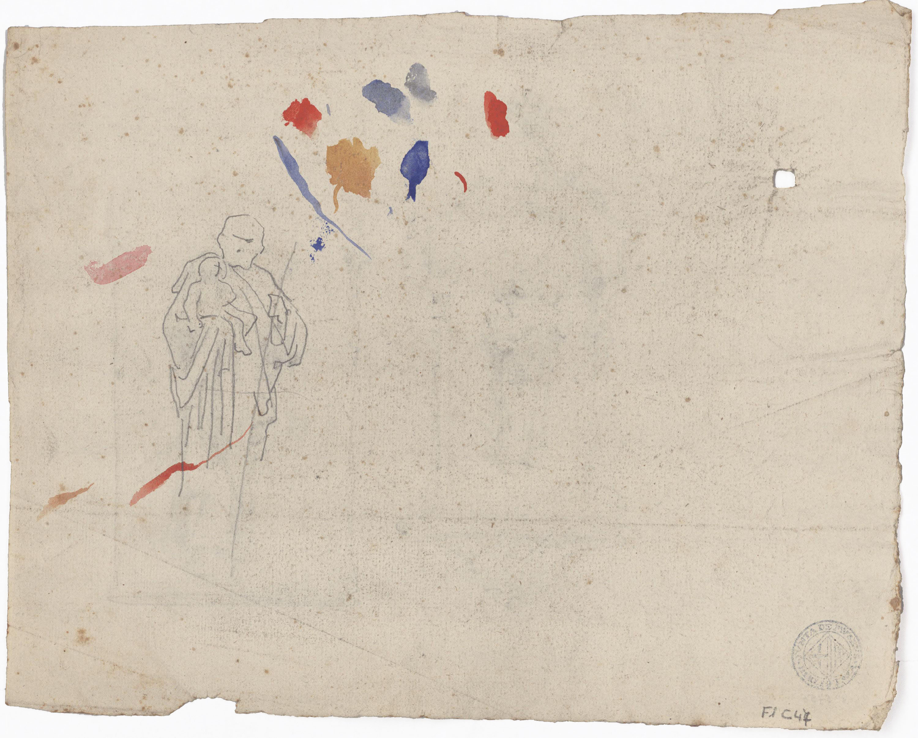 image for: Claudi Lorenzale - Sant Josep portant al Nen (anvers) / Apunt de Sant Josep i proves de color (revers) - Cap a 1850-1870 [1]