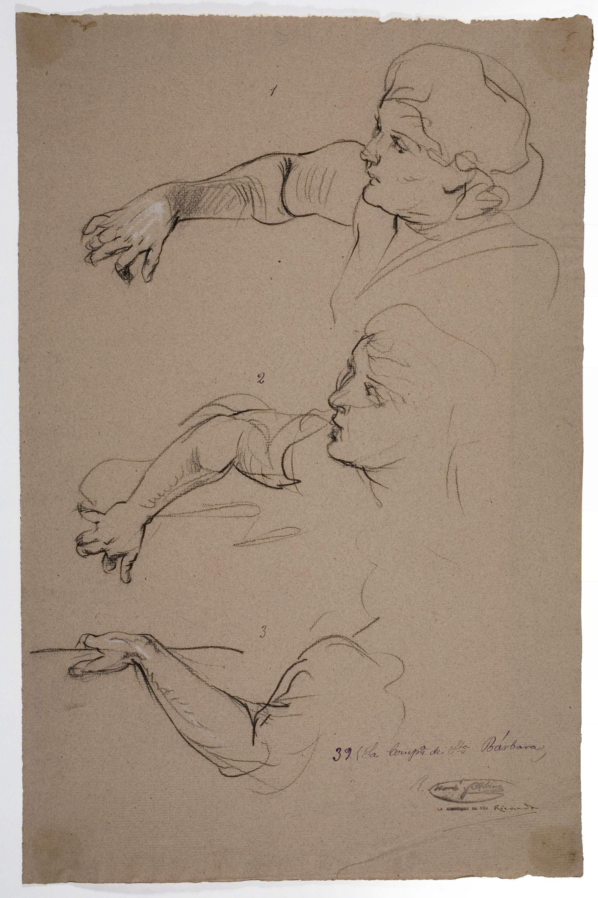 image for: Ramon Martí i Alsina - Tres estudis de dona amb mà recolzada al mur per al quadre «La Companyia de Santa Bàrbara» - Cap a 1891