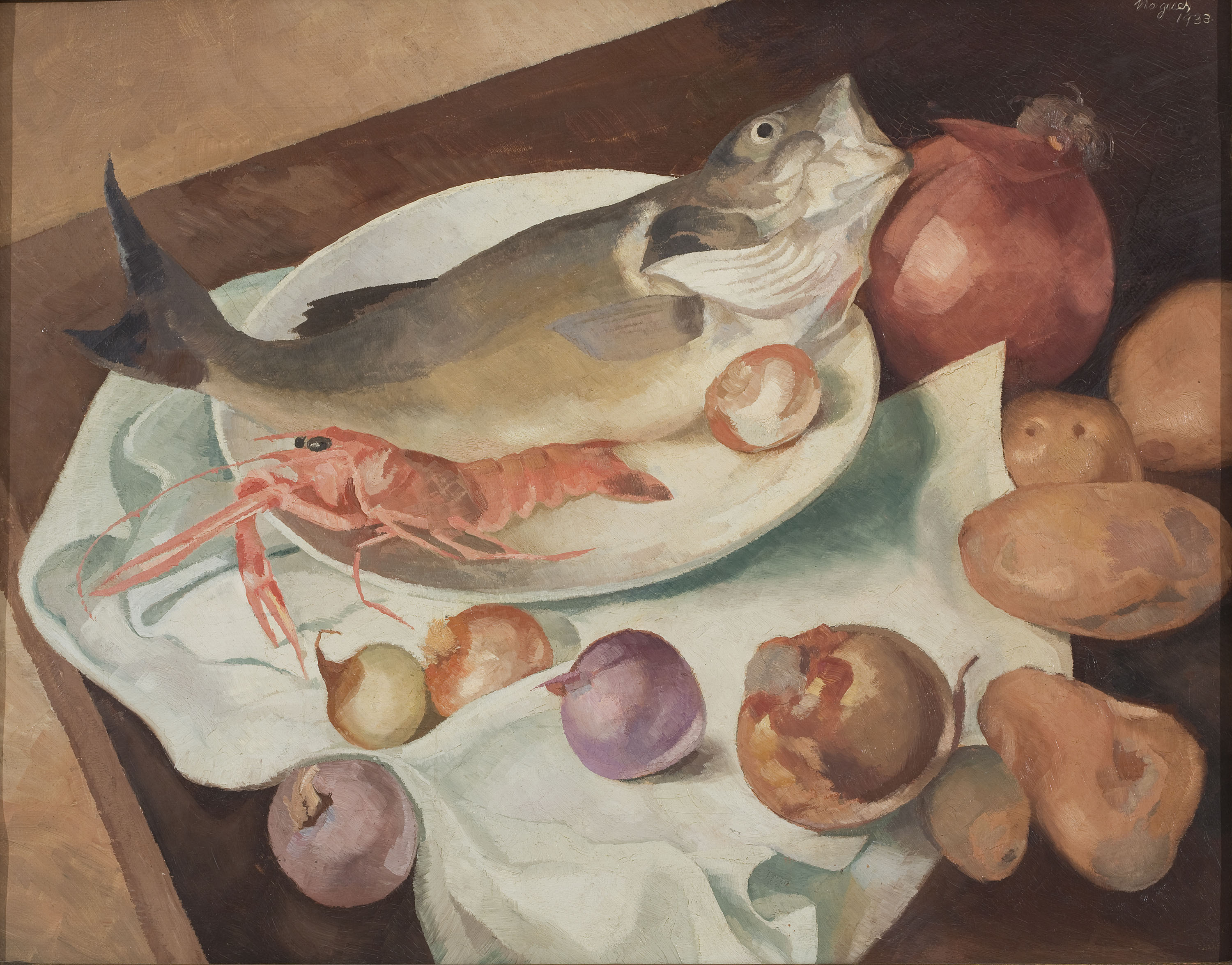 image for: Xavier Nogués - Natura morta: peix, cebes i trumfes - 1933