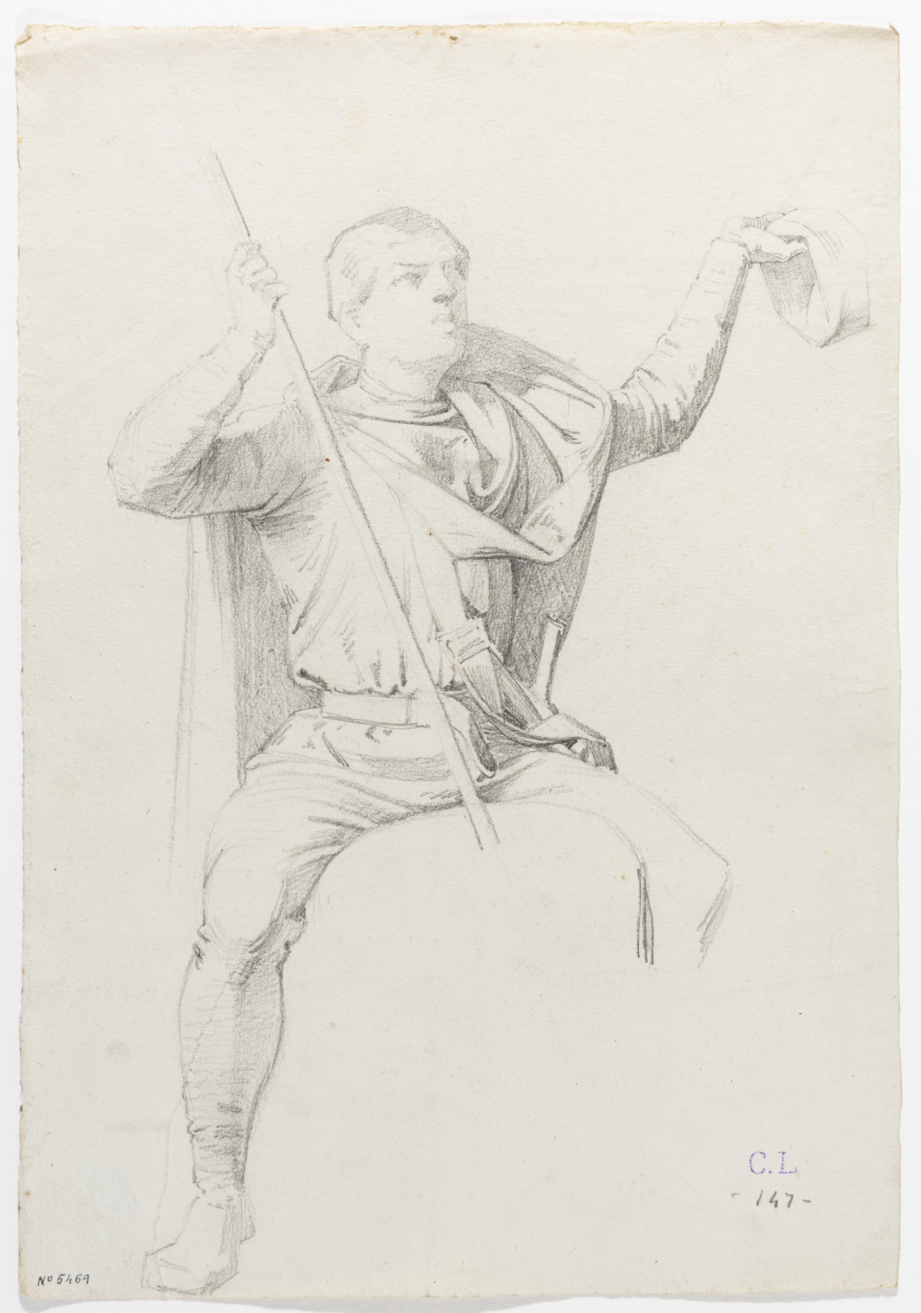 image for: Claudi Lorenzale - Home assegut sobre una pedra o farcell saludant amb el barret - Cap a 1850-1870