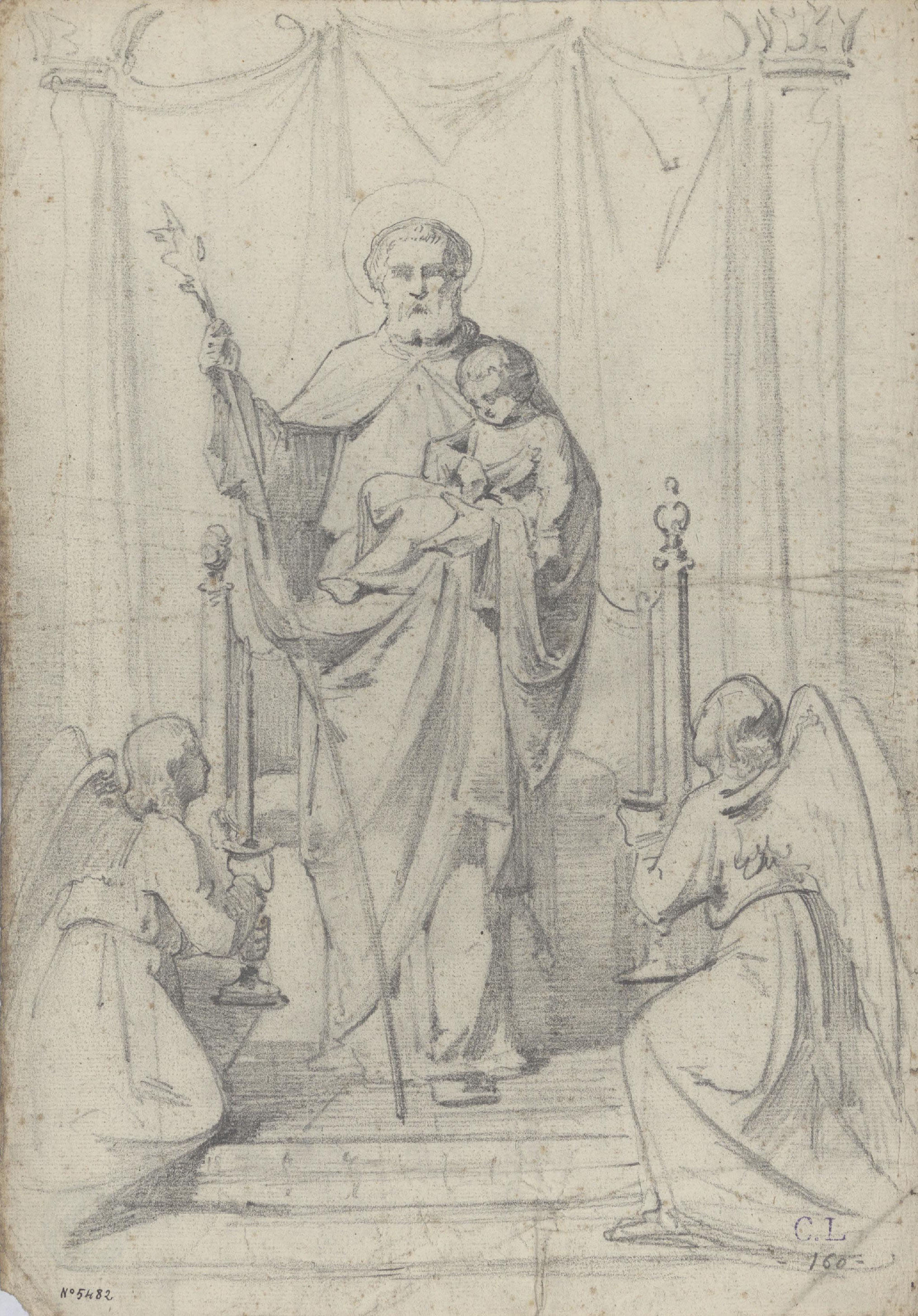image for: Claudi Lorenzale - Estudi de Sant Josep amb el nen Jesús i àngels per a un retaule - Cap a 1850-1870