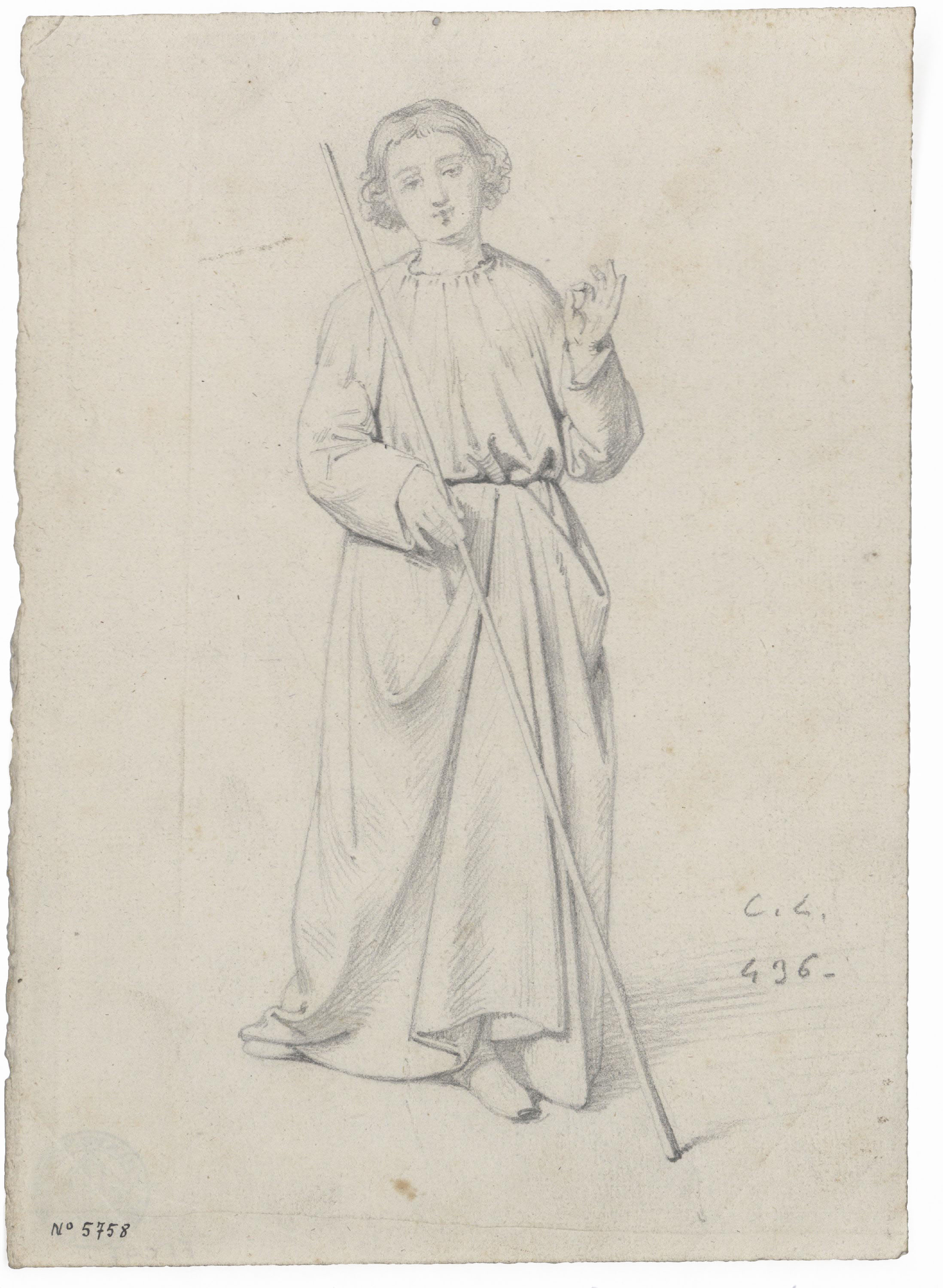 image for: Claudi Lorenzale - Noi jove amb un bastó a la mà (anvers) / Noi jove amb un bastó a la mà (revers) - Cap a 1850-1870