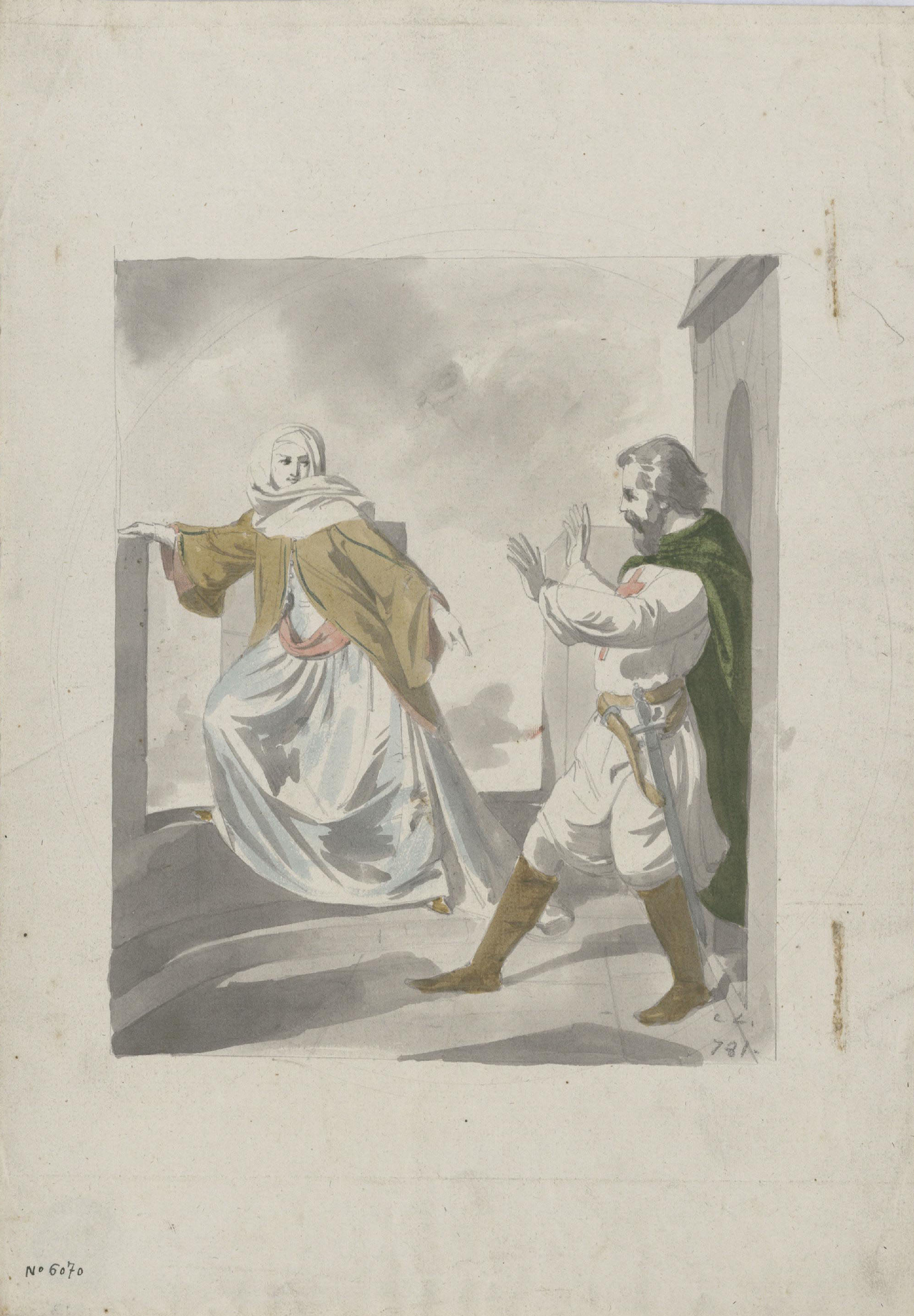 image for: Claudi Lorenzale - Dona a punt de tirar-se des de la torre d&#039;un castell i frenada per un home - Cap a 1850-1855