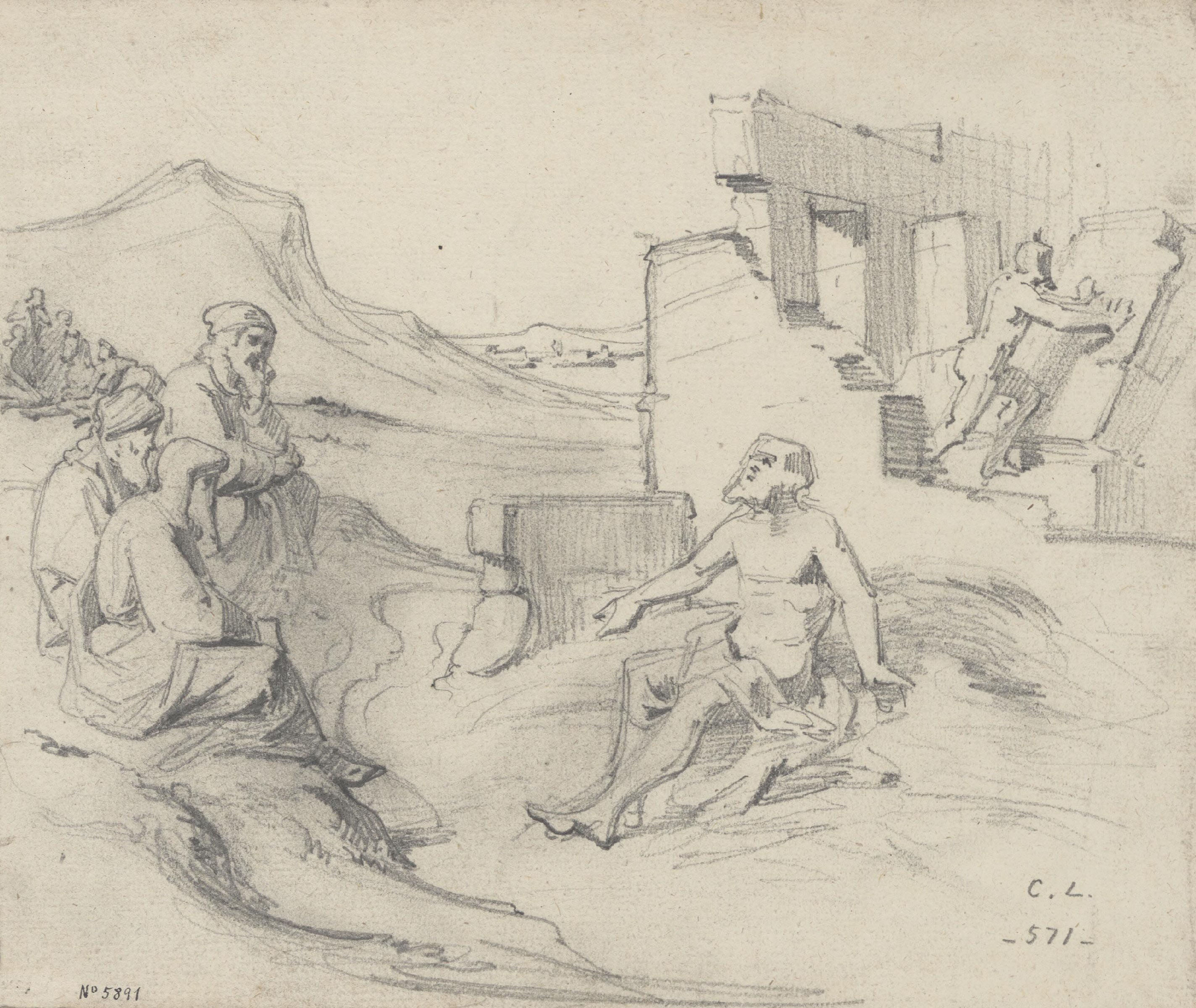 image for: Claudi Lorenzale - Decoració de les ruïnes d&#039;un temple: en primer terme, un home nu explicant quelcom a tres vells que l&#039;escolten atentament - Cap a 1850-1870
