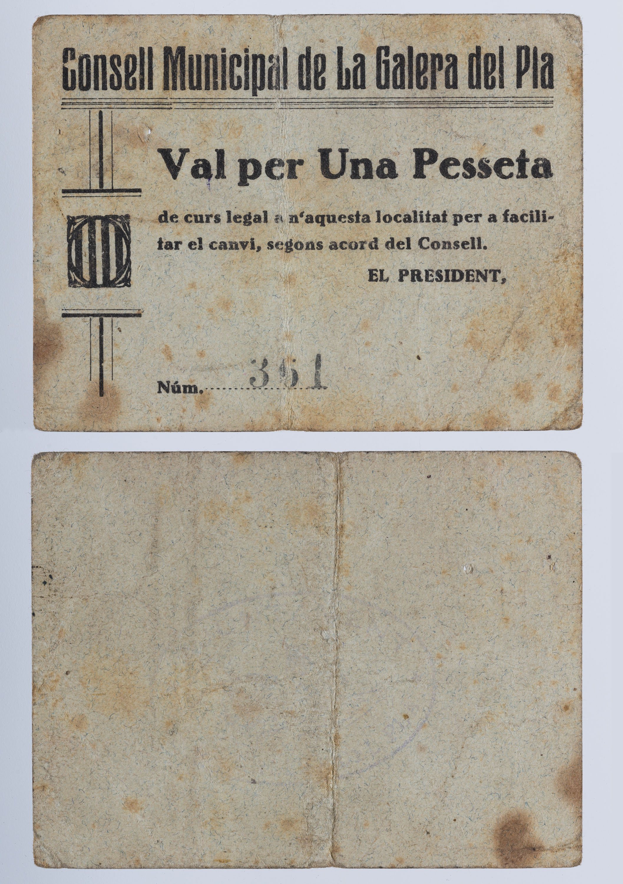 image for: Consell Municipal de la Galera del Pla. La Galera - 1 pesseta - 11.07.1937