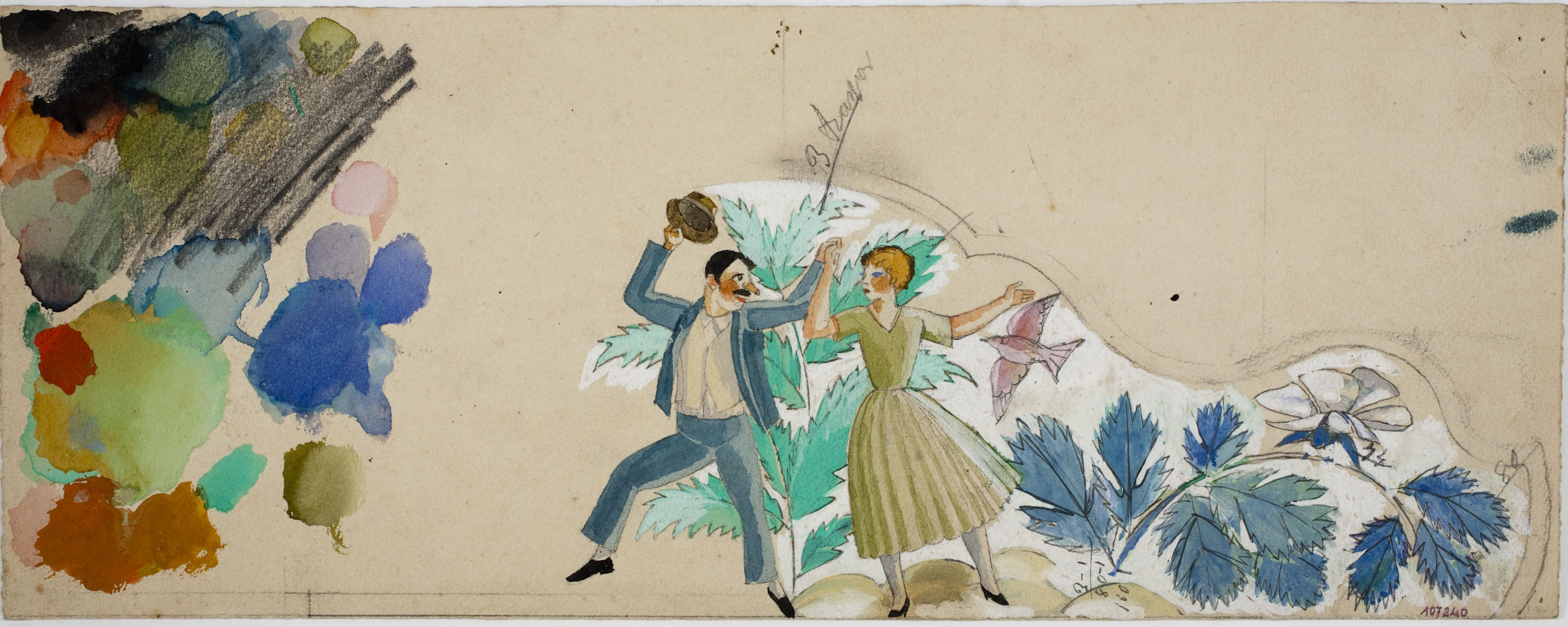 image for: Xavier Nogués - Parella ballant i motius vegetals. Estudi preparatori per a la decoració d&#039;un mirall esmaltat - Cap a 1924-1928