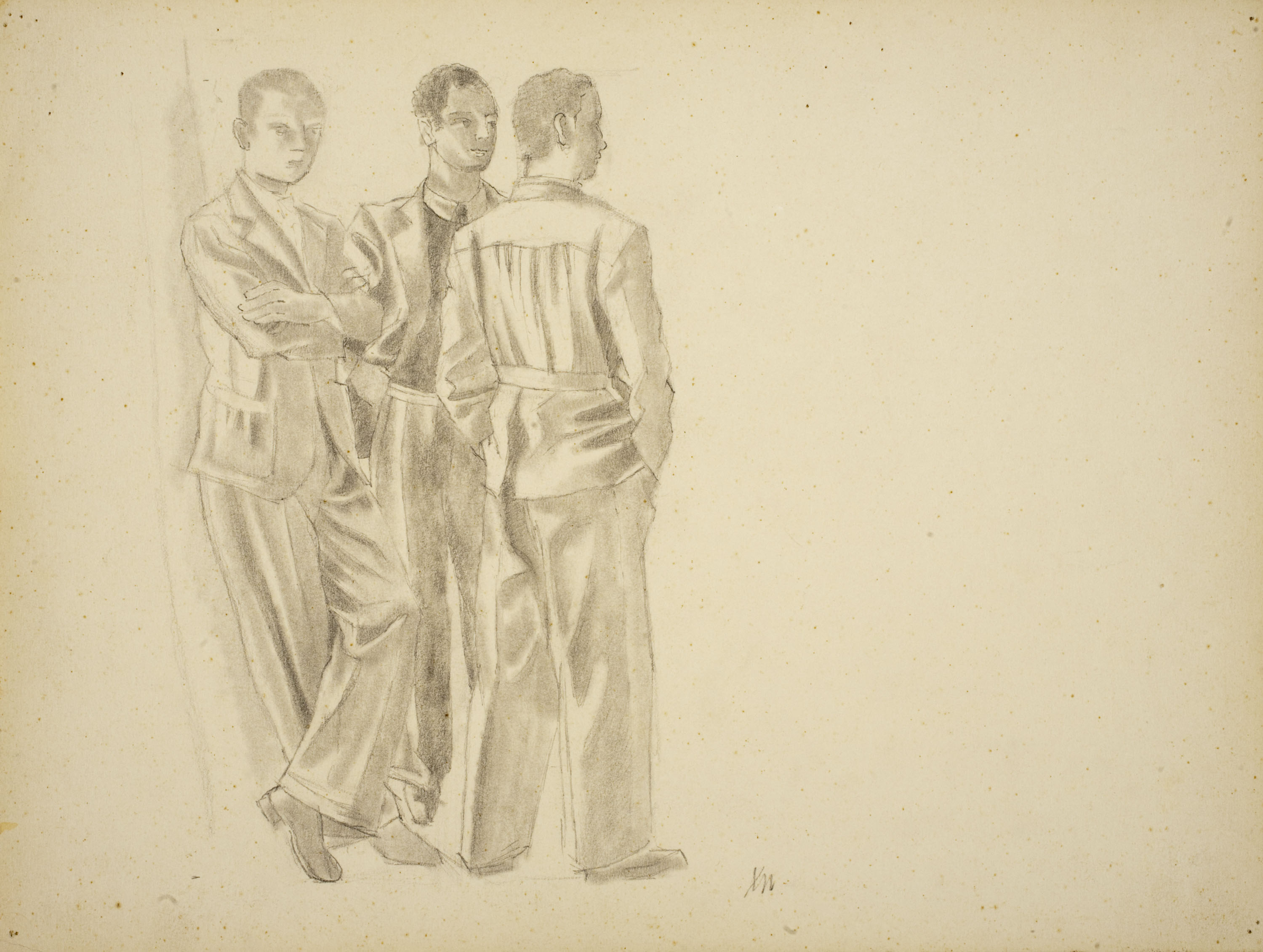 image for: Xavier Nogués - Tres homes dempeus. Estudi preparatori per a l&#039;oli «La cobla» - Cap a 1940