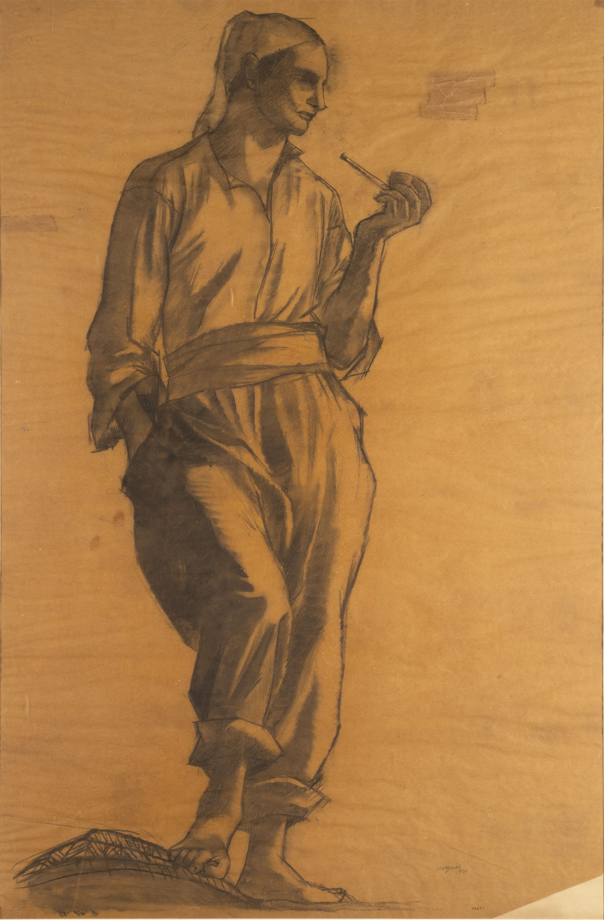 image for: Xavier Nogués - Home amb barretina fumant amb pipa. Estudi preparatori per a la decoració mural del plafó «El port» del despatx de l&#039;alcalde a la Casa de la Ciutat de Barcelona - 1931