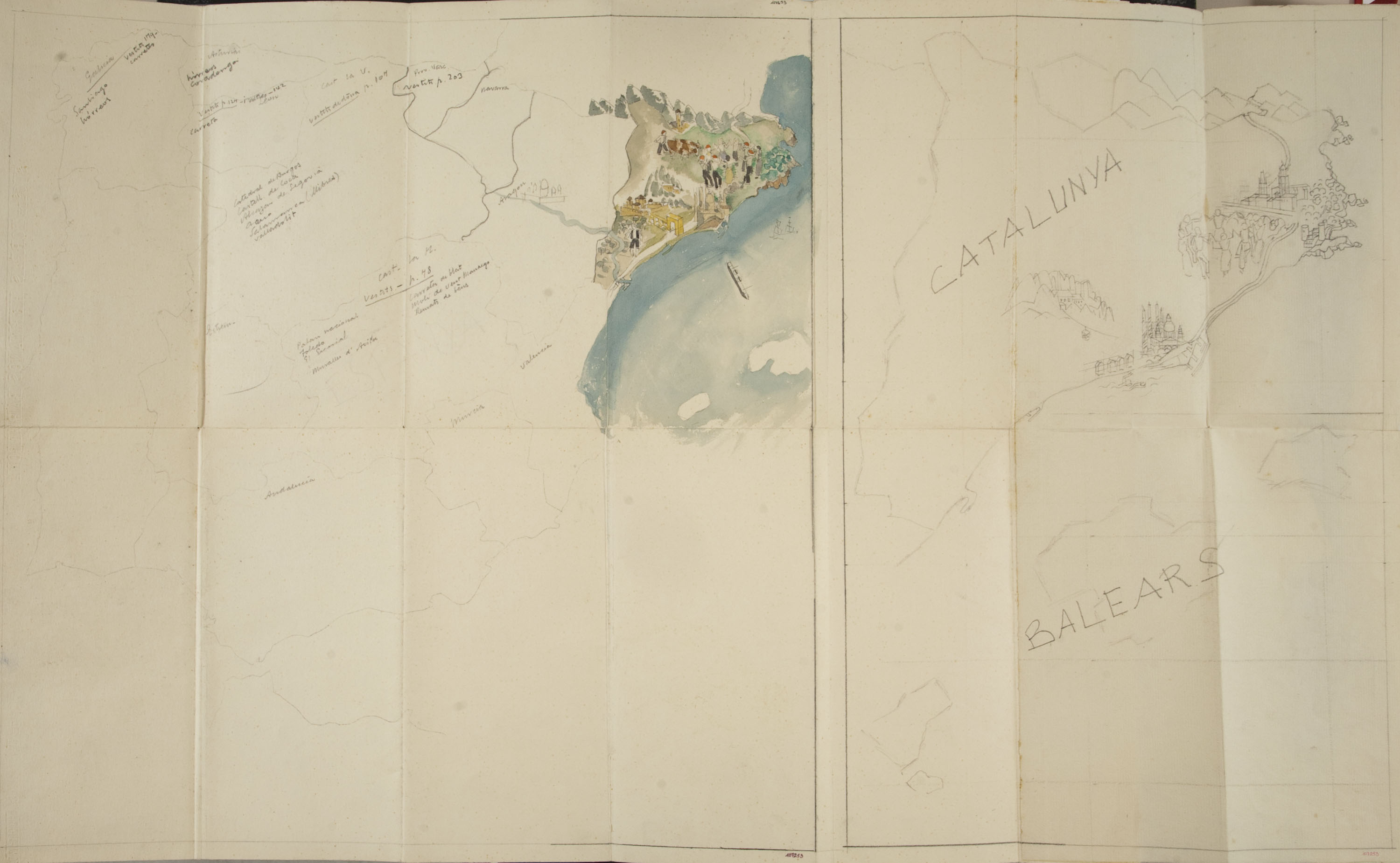 image for: Xavier Nogués - Maqueta d&#039;un fullet turístic amb un mapa d&#039;Espanya i un altre de Catalunya i Balears, ambdós inacabats - Cap a 1937