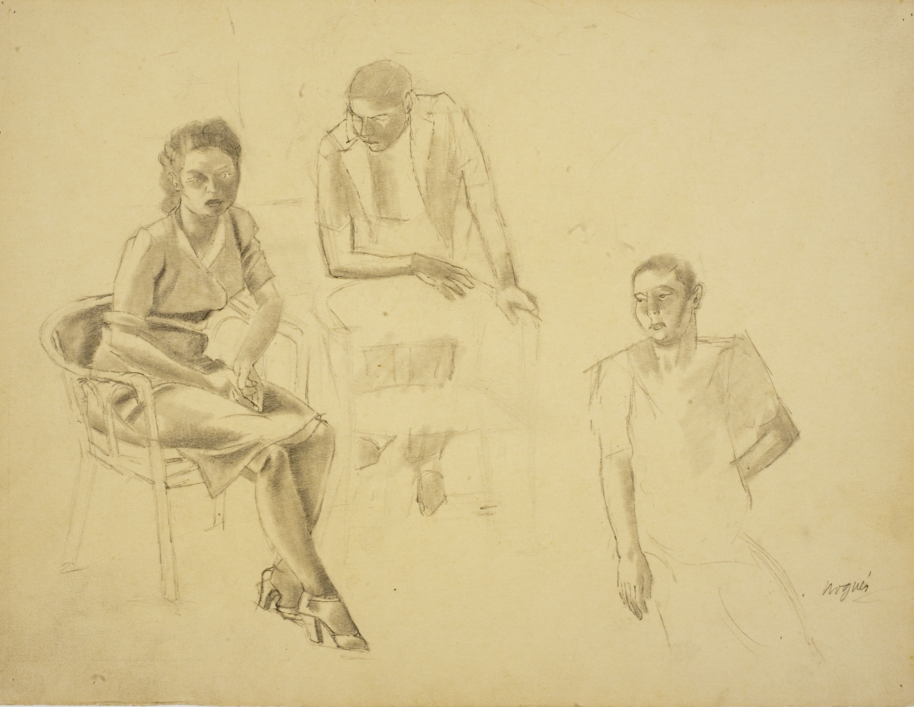 image for: Xavier Nogués - Dona asseguda i dos homes. Estudi preparatori per a l&#039;oli «La cobla» - Cap a 1940