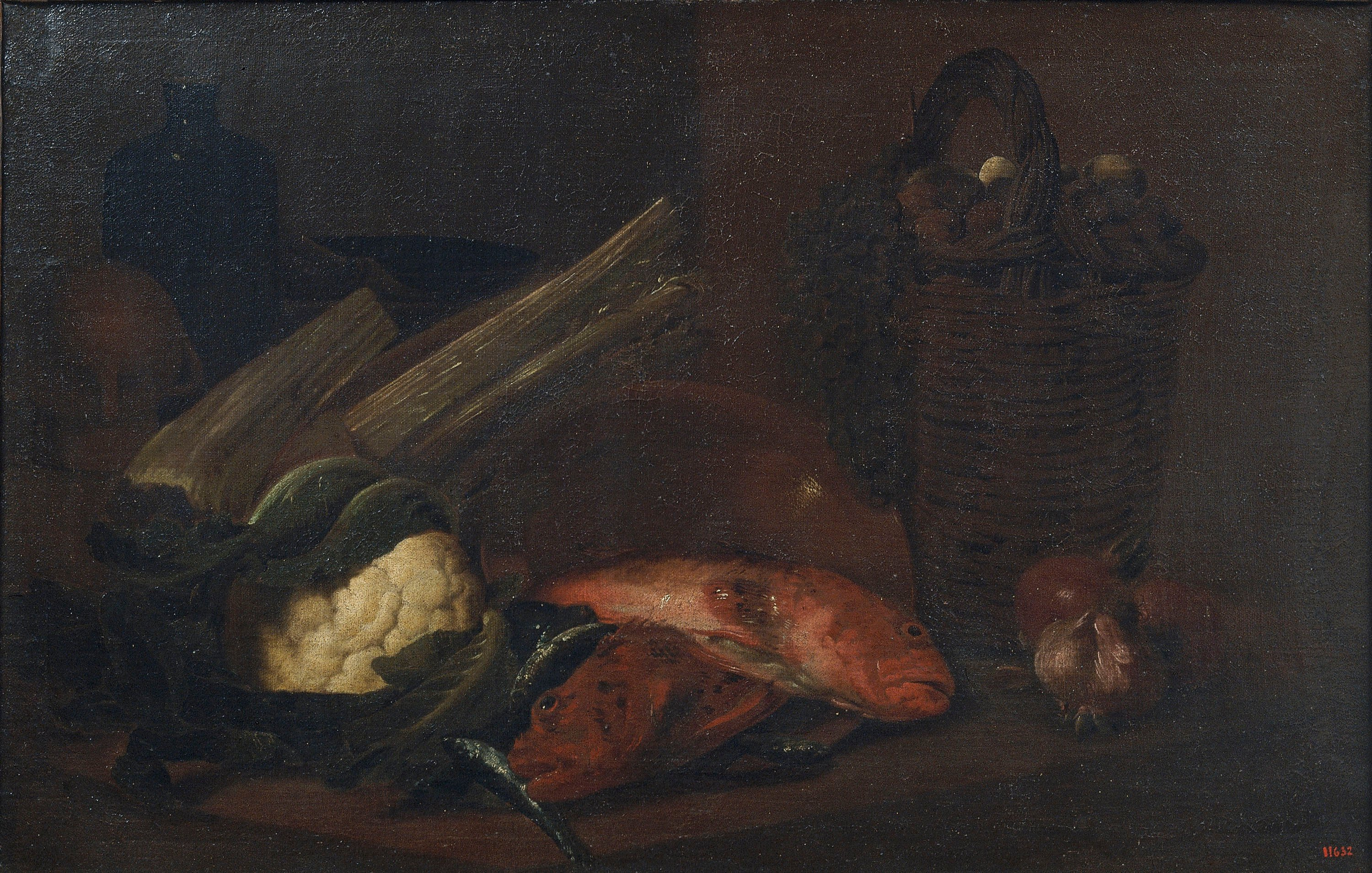 image for: Antoni Viladomat - Natura morta amb verdura, raïm, ous, nous, escórpores i sardines - Entre 1720-1755