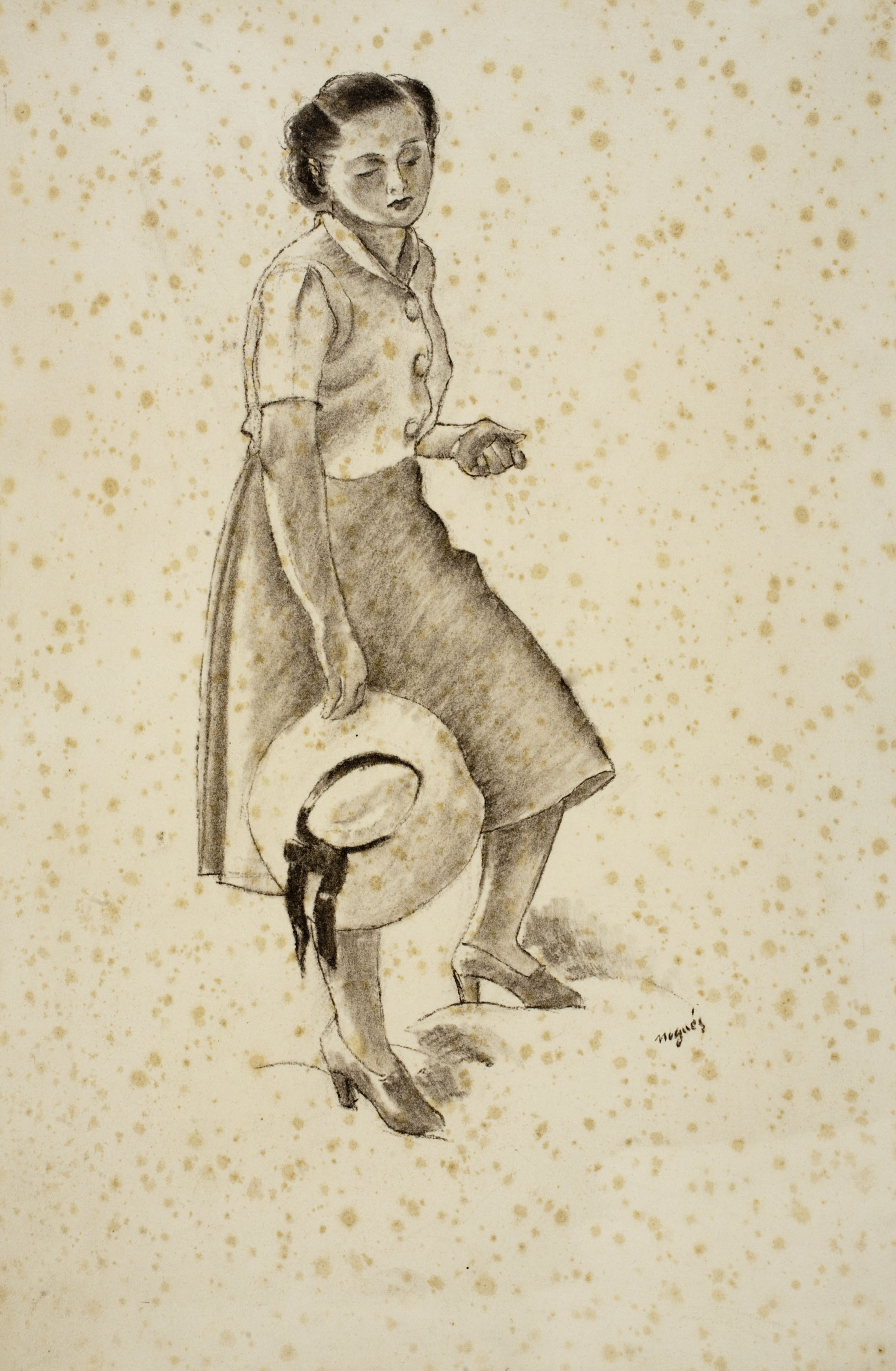 image for: Xavier Nogués - Dona dempeus amb barret a la mà - Cap a 1940