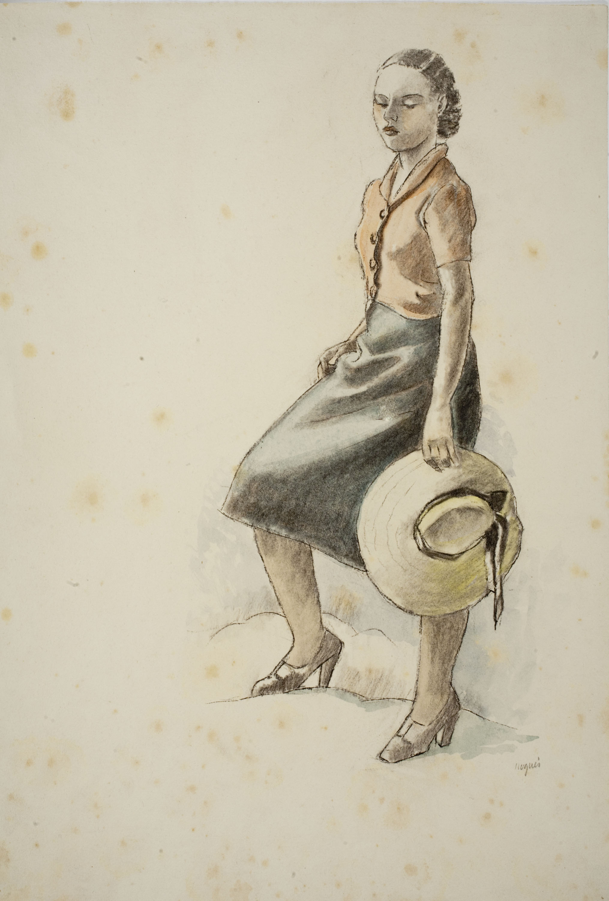 image for: Xavier Nogués - Dona dempeus amb barret a la mà - Cap a 1940