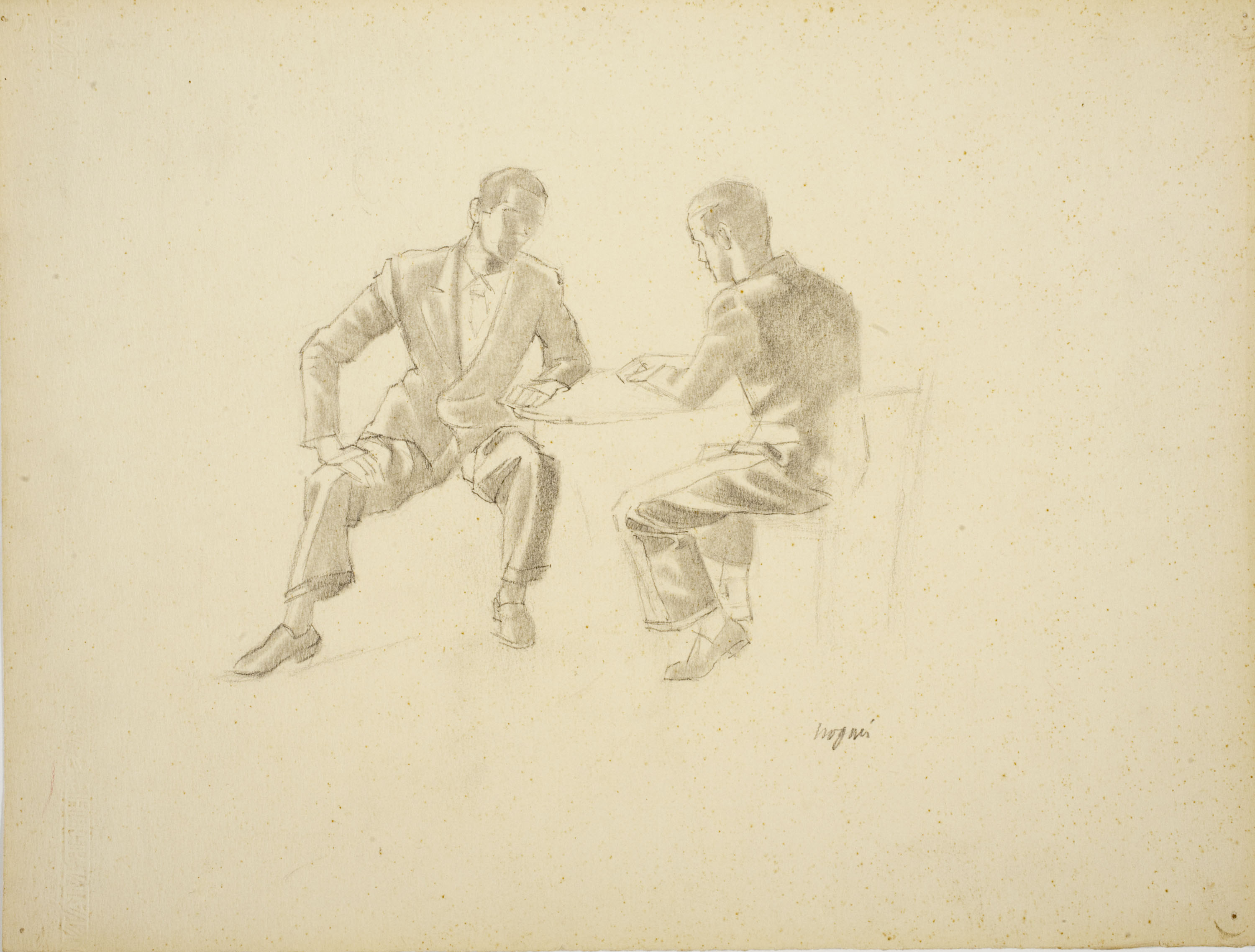 image for: Xavier Nogués - Dos homes asseguts al voltant d&#039;una taula. Estudi preparatori per a l&#039;oli «La cobla» - Cap a 1940