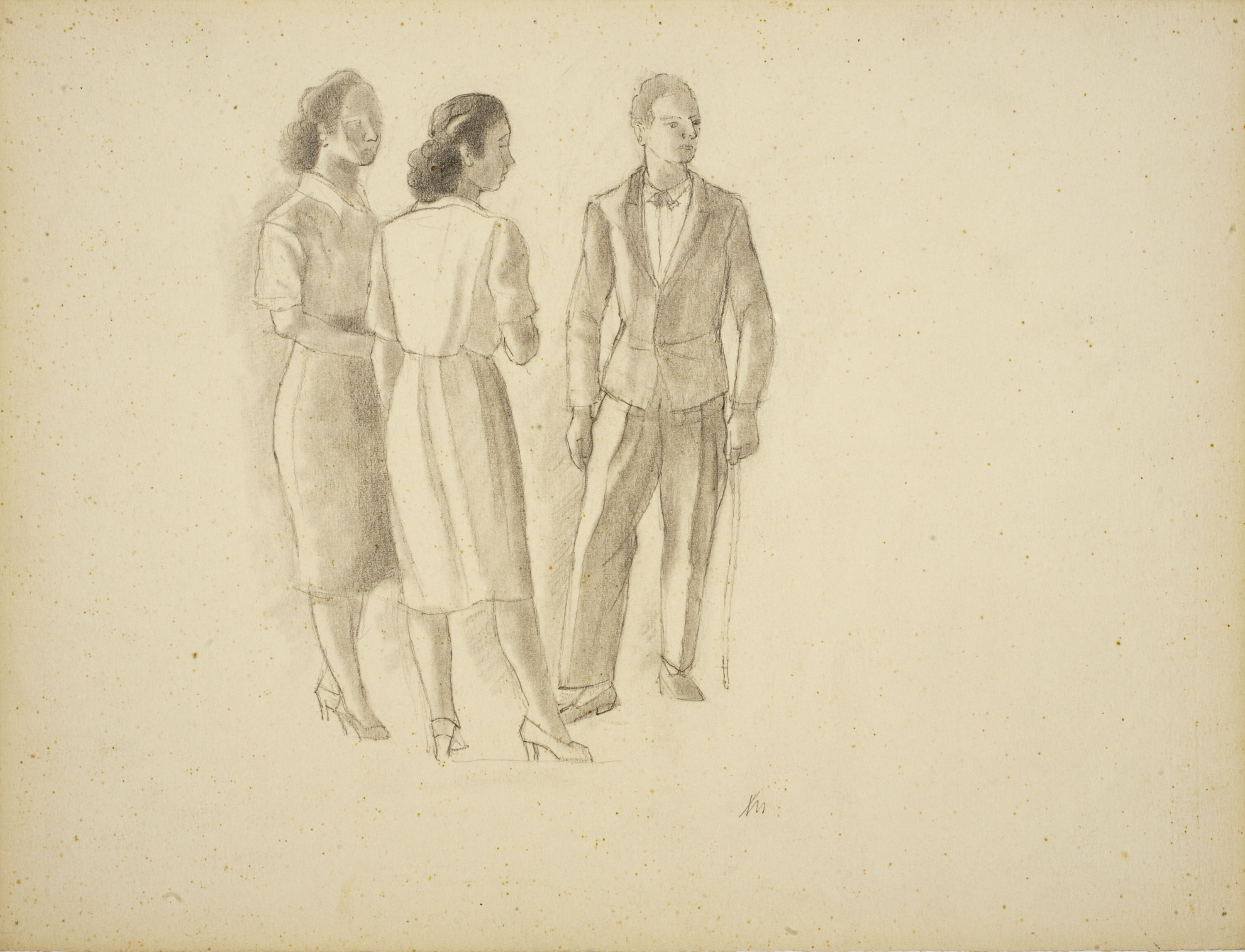 image for: Xavier Nogués - Dues dones i un home dempeus. Estudi preparatori per a l&#039;oli «La cobla» - Cap a 1940
