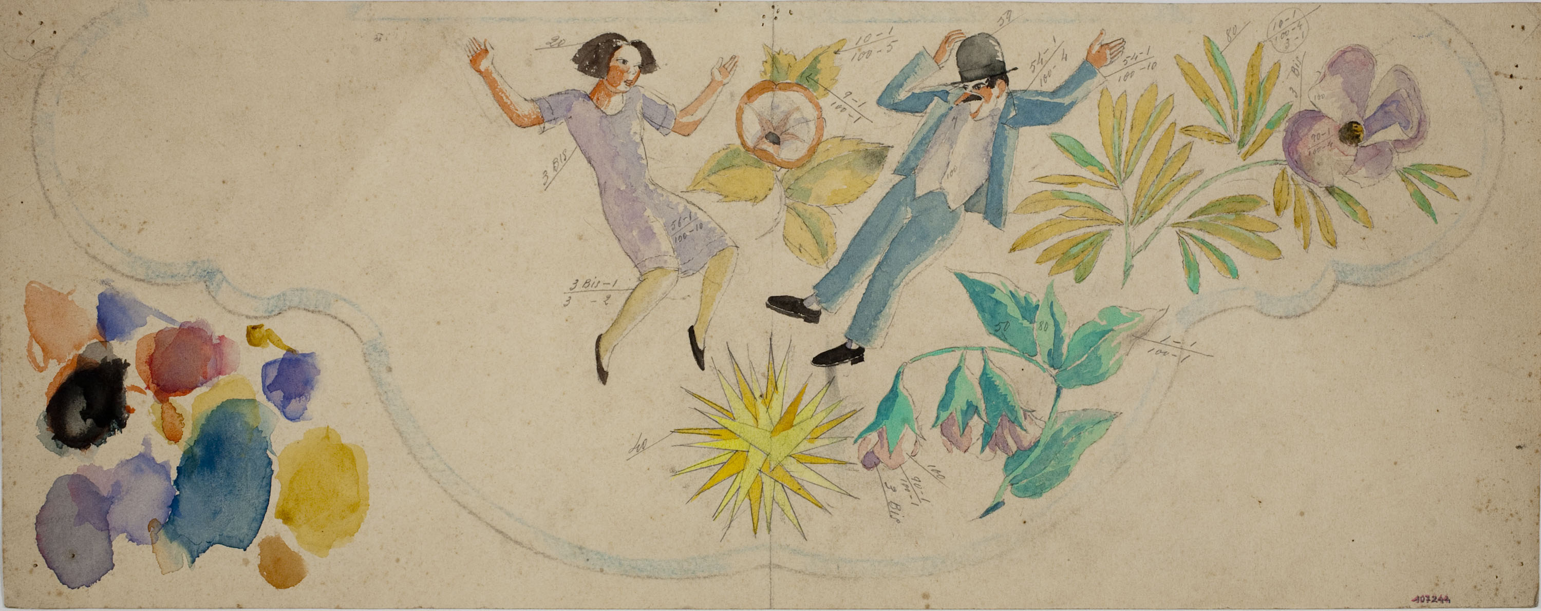 image for: Xavier Nogués - Parella ballant i motius florals. Estudi preparatori per a la decoració d'un mirall - Cap a 1924-1928