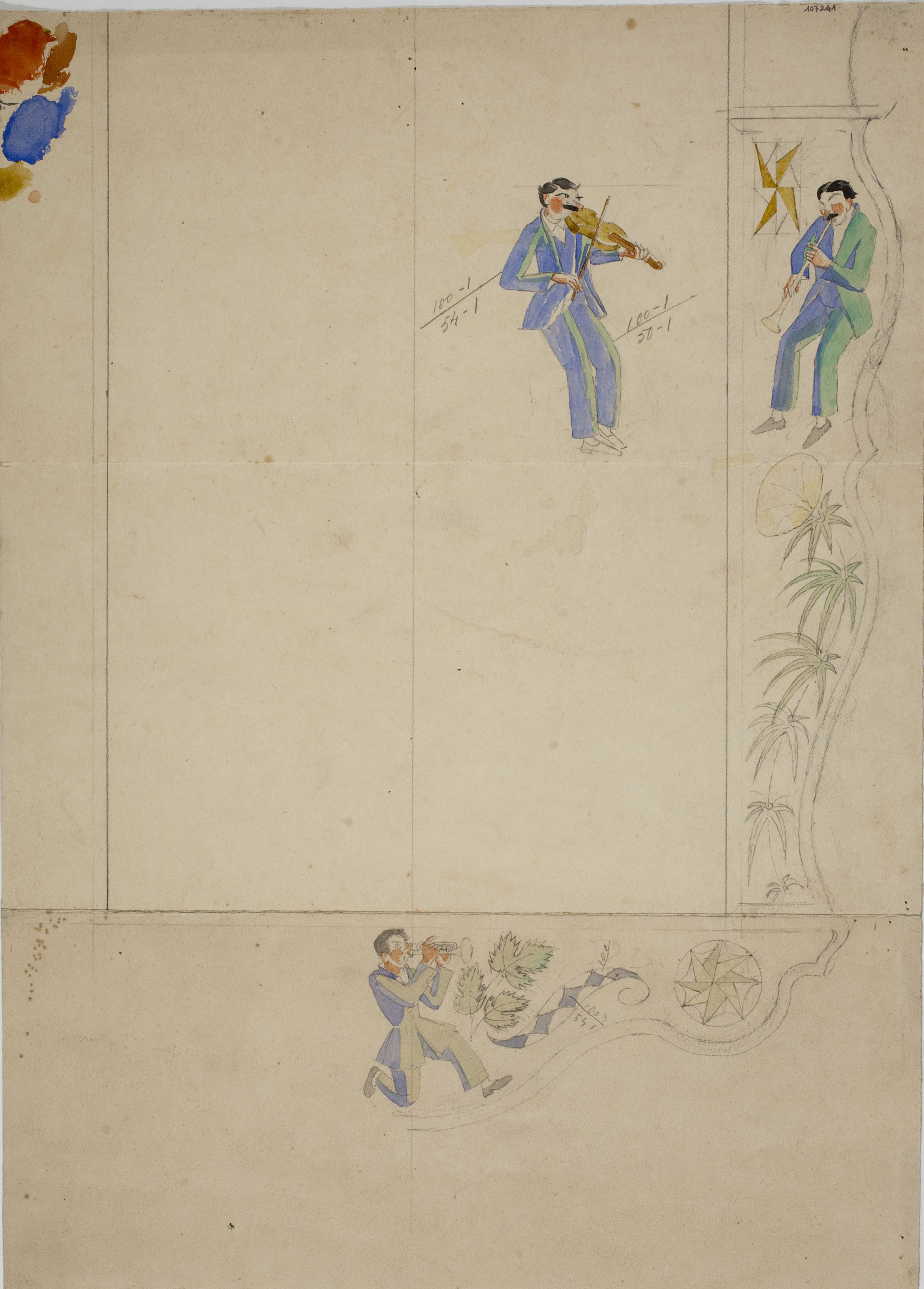 image for: Xavier Nogués - Músics i motius vegetals. Estudi preparatori per a la decoració d&#039;un mirall esmaltat - Cap a 1924-1928