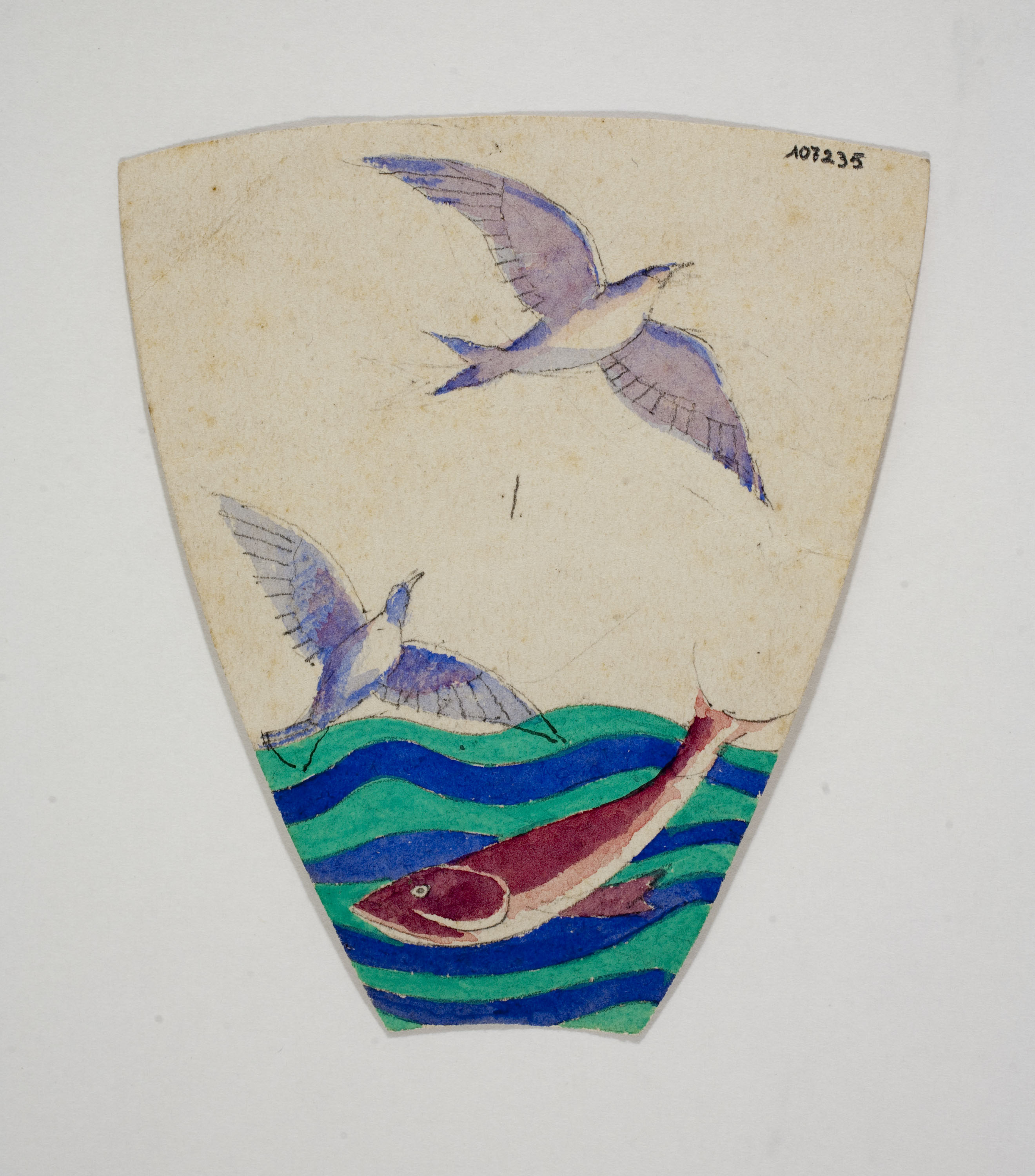 image for: Xavier Nogués - Ocells i peix al mar. Estudi preparatori per a la decoració de vidre esmaltat - Cap a 1924-1928