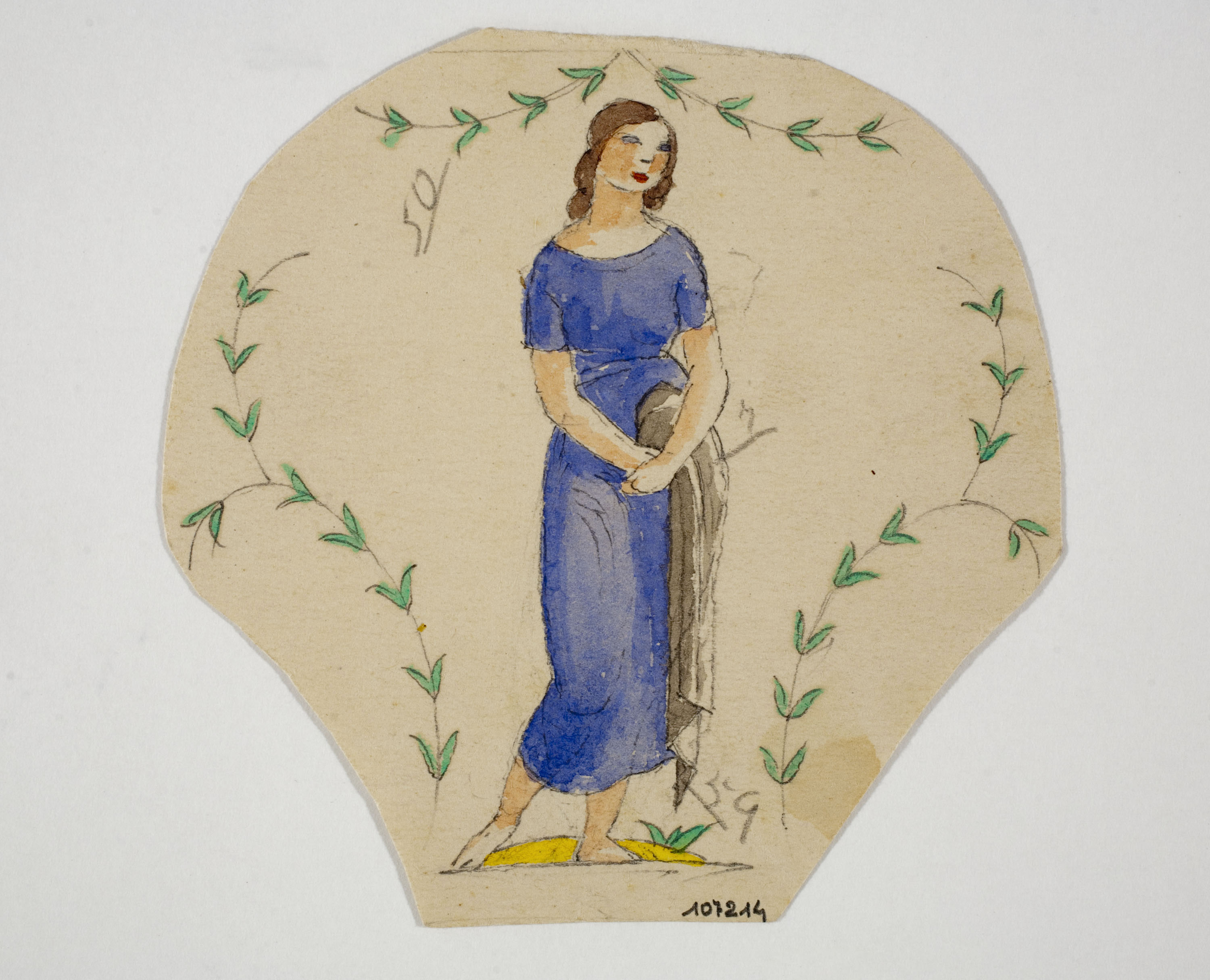 image for: Xavier Nogués - Dona dempeus i motius vegetals. Estudi preparatori per a la decoració de vidre esmaltat - Cap a 1924-1928