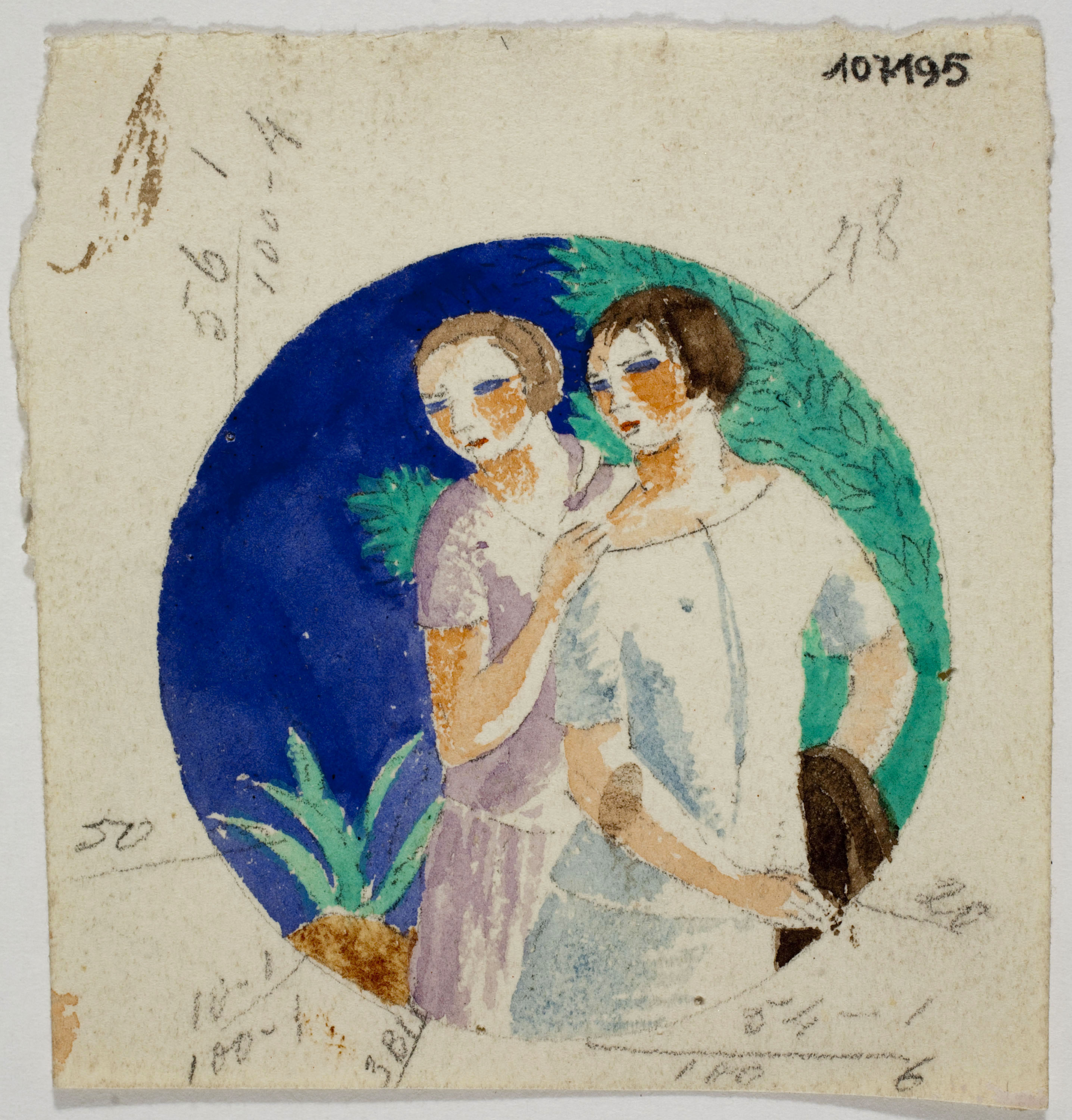 image for: Xavier Nogués - Dues dones de mig cos i decoració vegetal. Estudi preparatori per a la decoració d&#039;un medalló de vidre esmaltat - Cap a 1924-1928