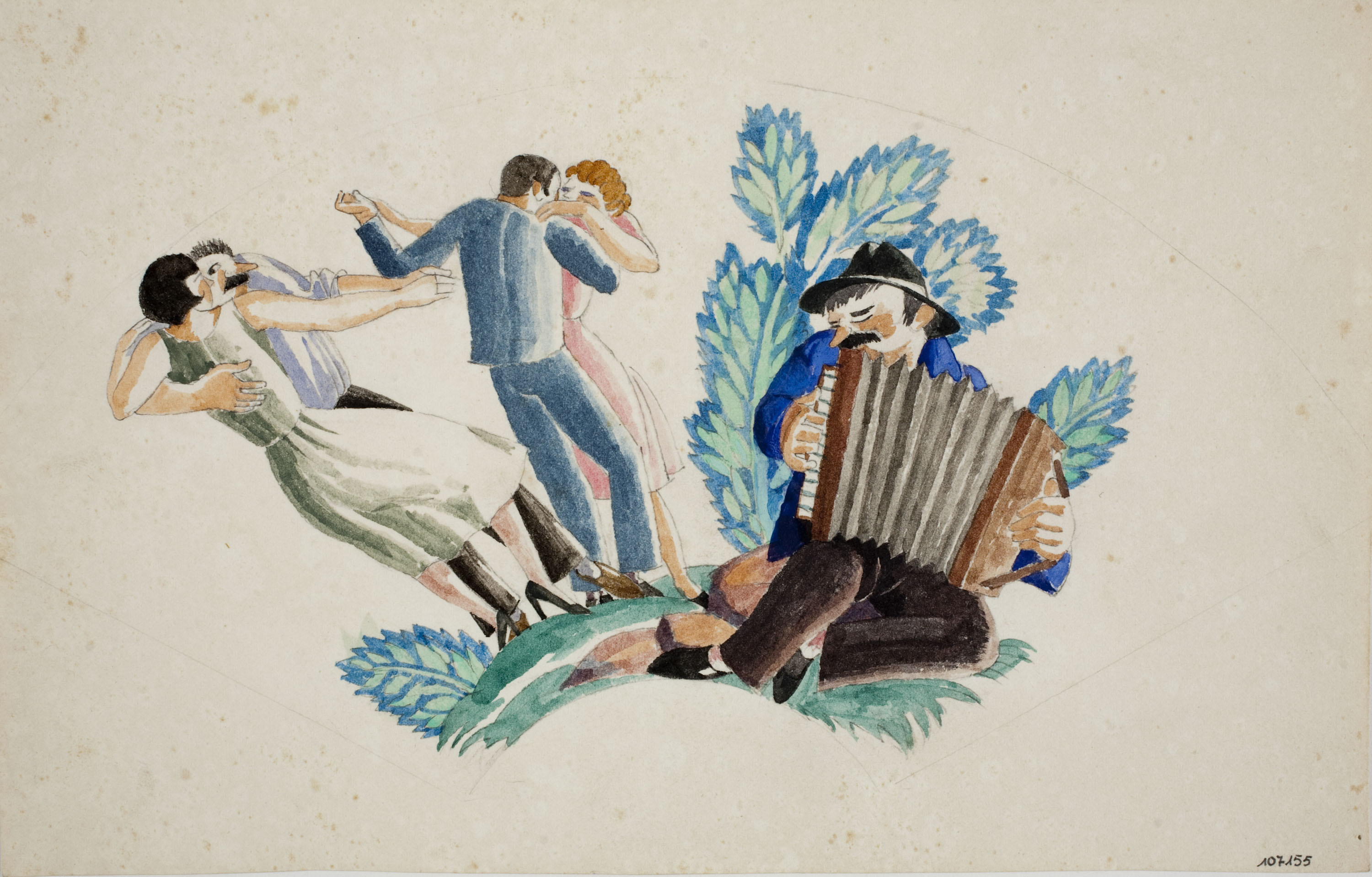 image for: Xavier Nogués - Acordeonista, parelles ballant i motius vegetals. Estudi preparatori per a la decoració de vidre esmaltat - Cap a 1924-1928