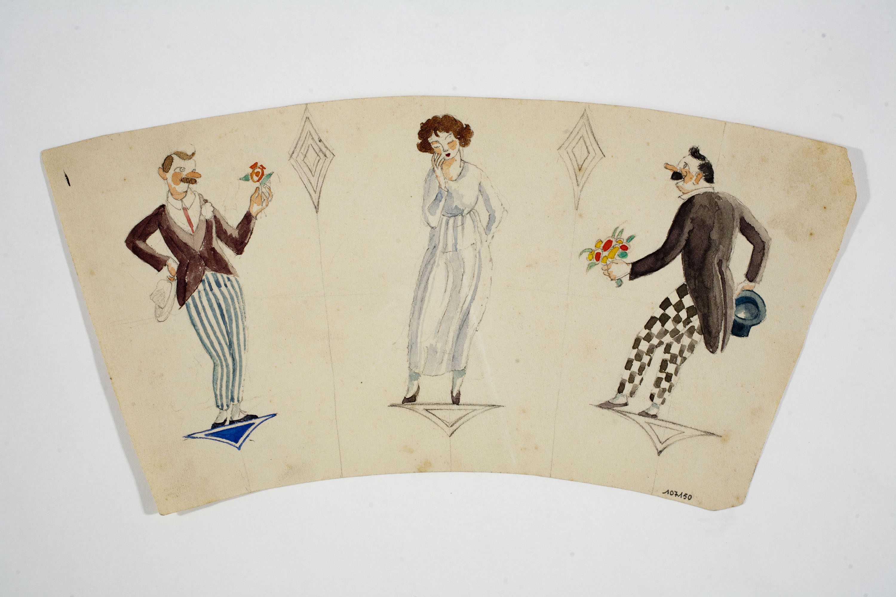 image for: Xavier Nogués - Dos homes i una dona dempeus i motius decoratius. Estudi preparatori per a la decoració de vidre esmaltat - Cap a 1924-1928