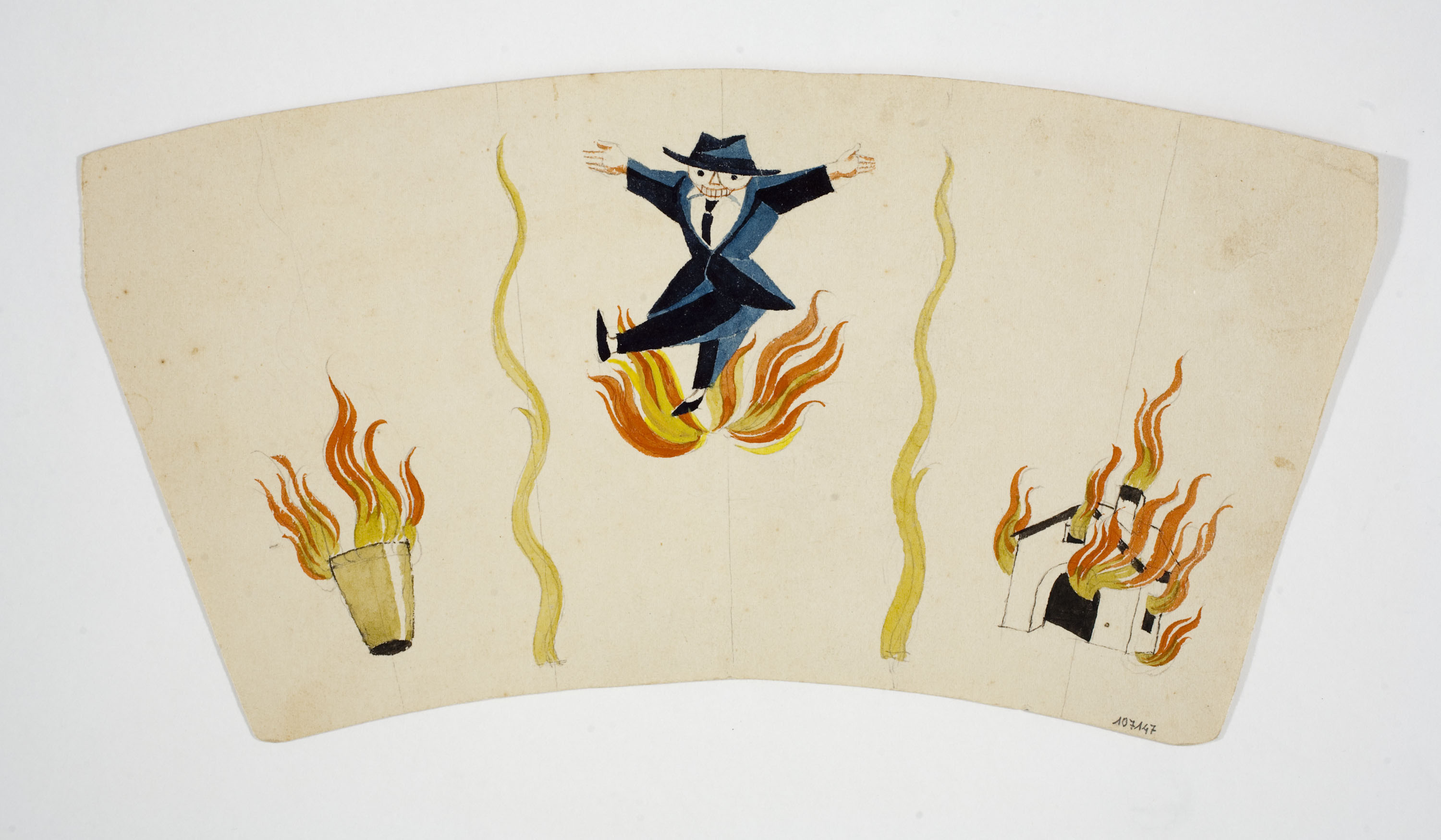 image for: Xavier Nogués - Vas flamejant, home saltant un foc i casa incendiada. Estudi preparatori per a la decoració de vidre esmaltat - Cap a 1924-1928