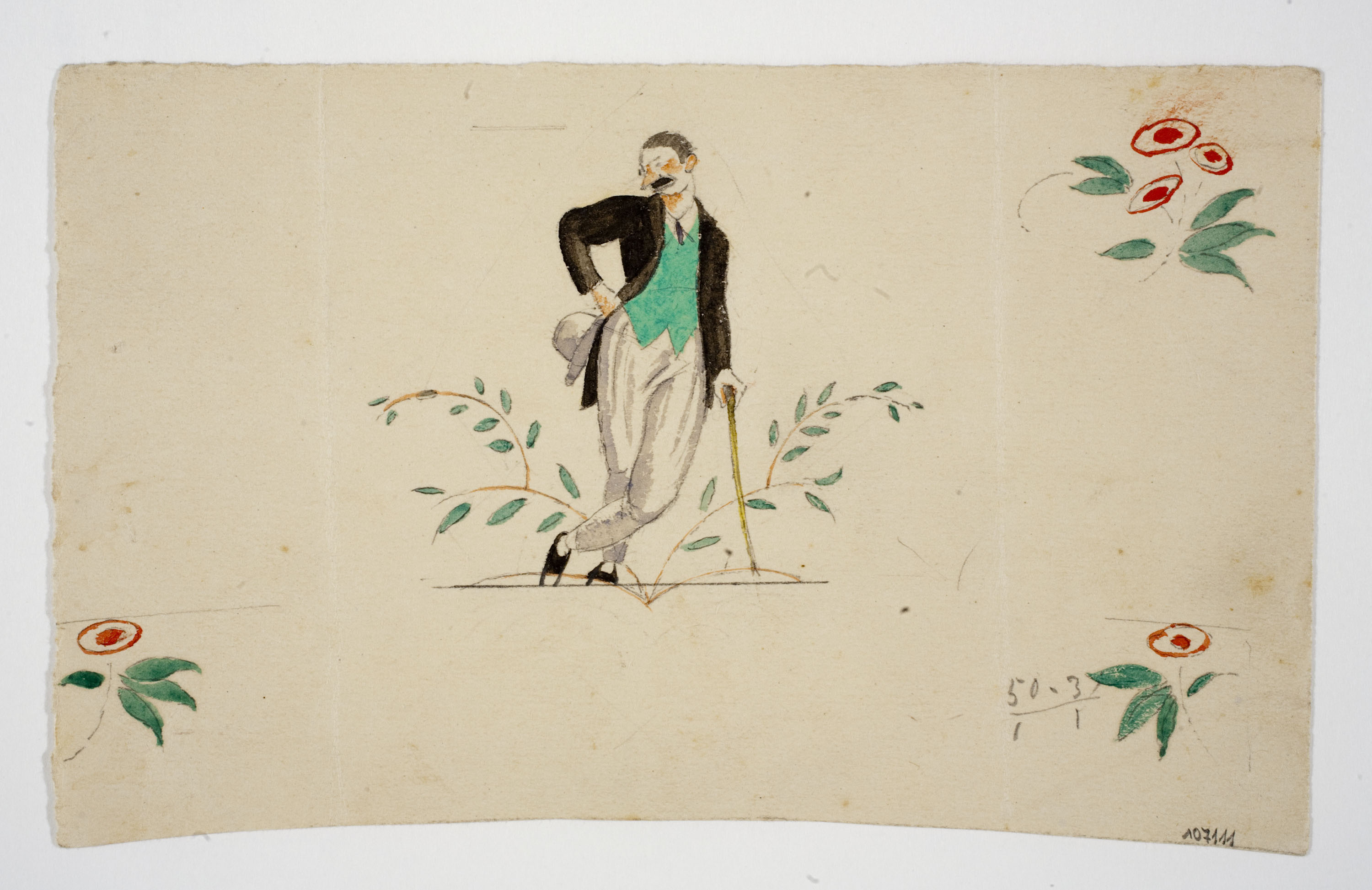 image for: Xavier Nogués - Home amb bastó i motius florals. Estudi preparatori per a la decoració de vidre esmaltat - Cap a 1924-1928