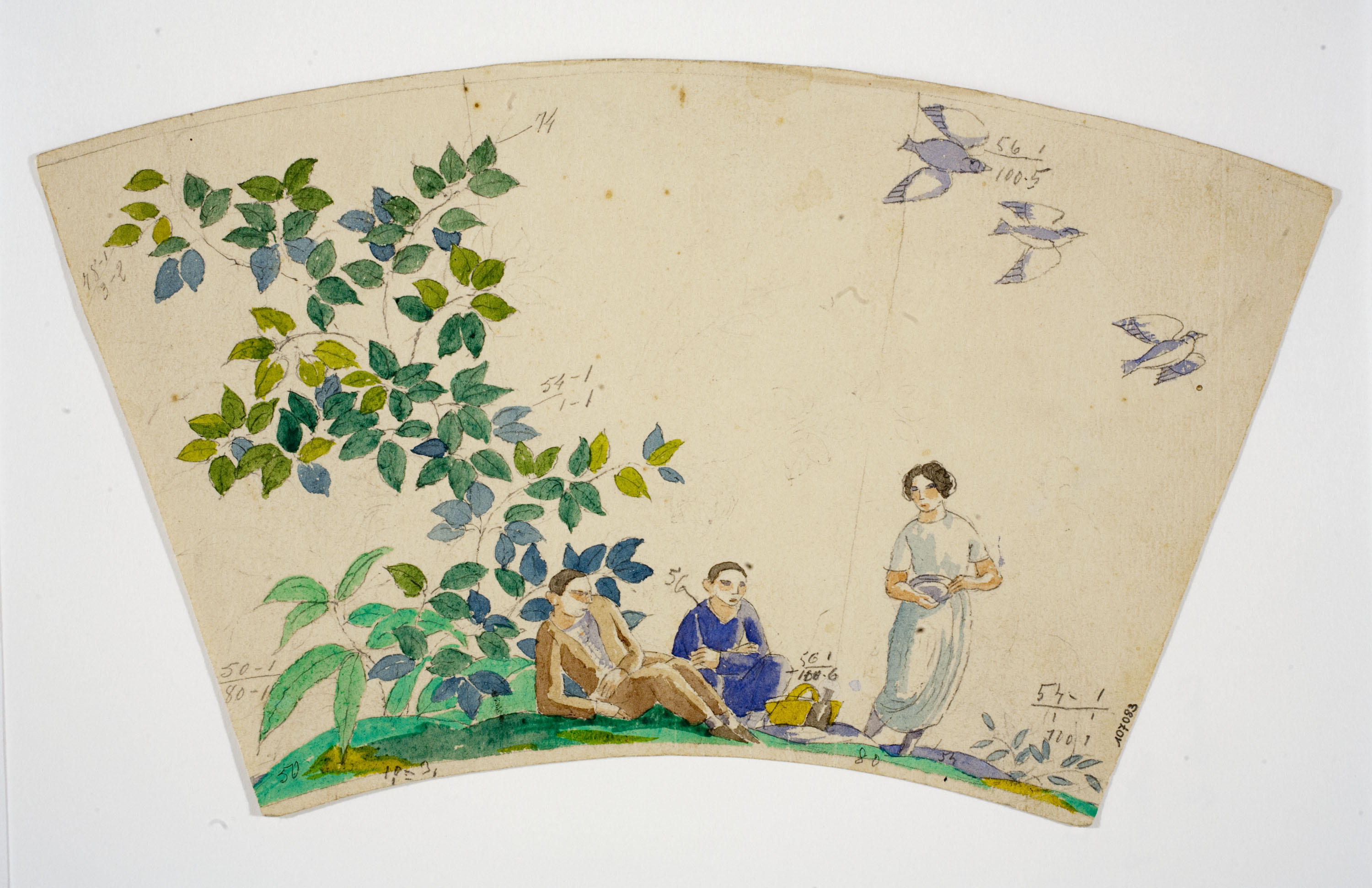 image for: Xavier Nogués - Dos homes i una dona al camp. Estudi preparatori per a la decoració de vidre esmaltat - Cap a 1924-1928