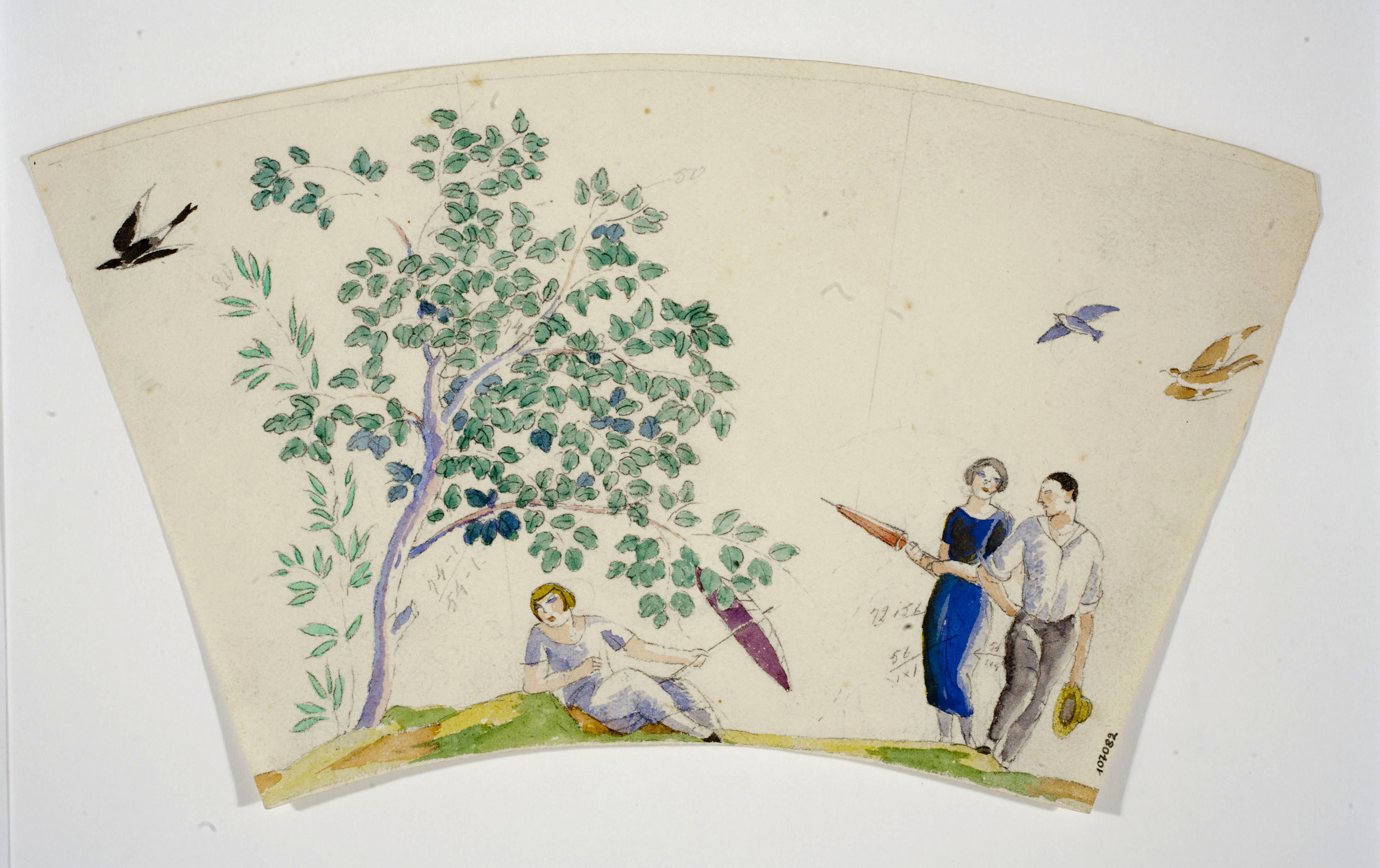 image for: Xavier Nogués - Parella i altra dona al camp, amb paraigües. Estudi preparatori per a la decoració de vidre esmaltat - Cap a 1924-1928