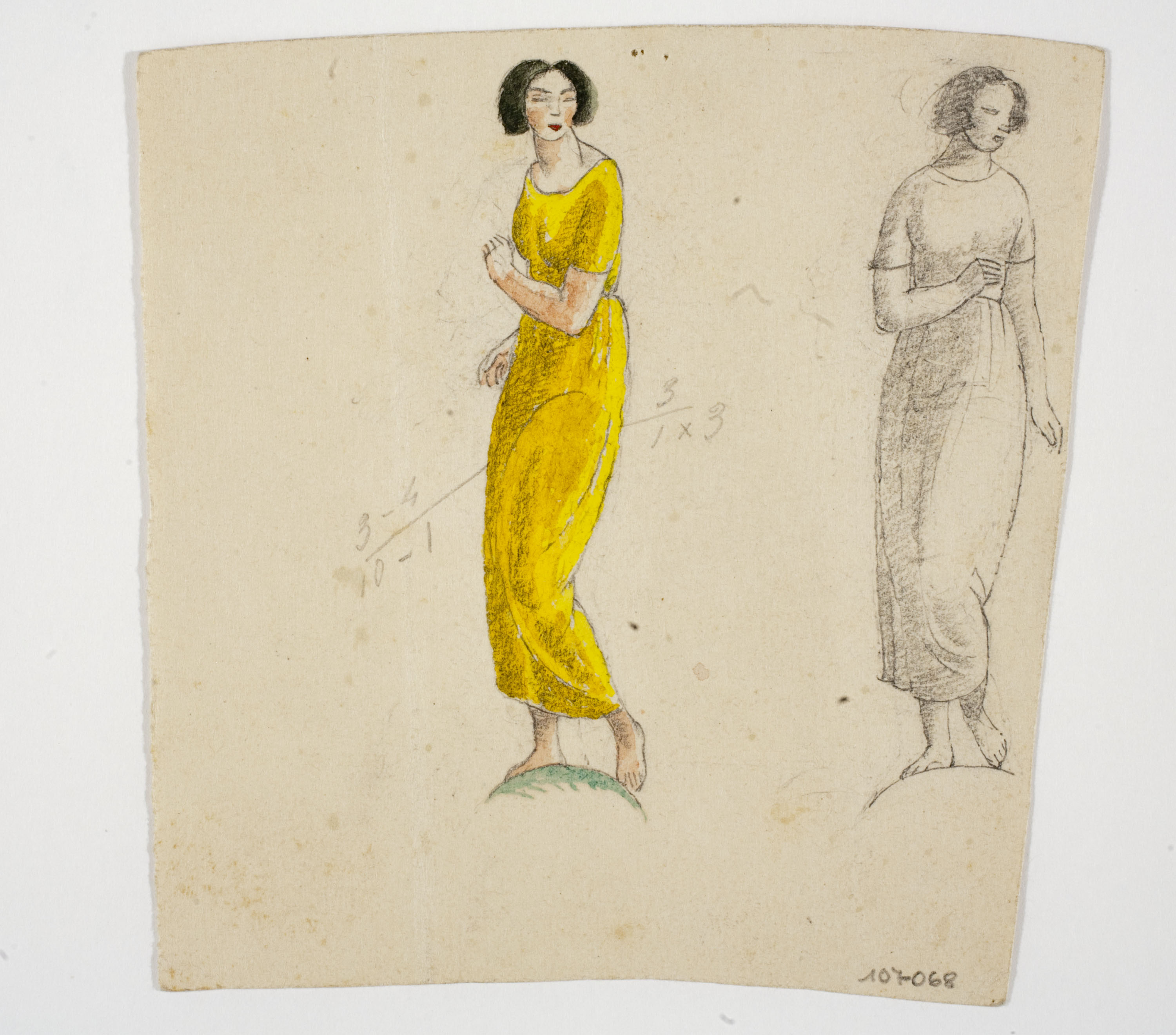 image for: Xavier Nogués - Dona ballant (vista de perfil i frontalment). Estudi preparatori per a la decoració de vidre esmaltat - Cap a 1924-1928