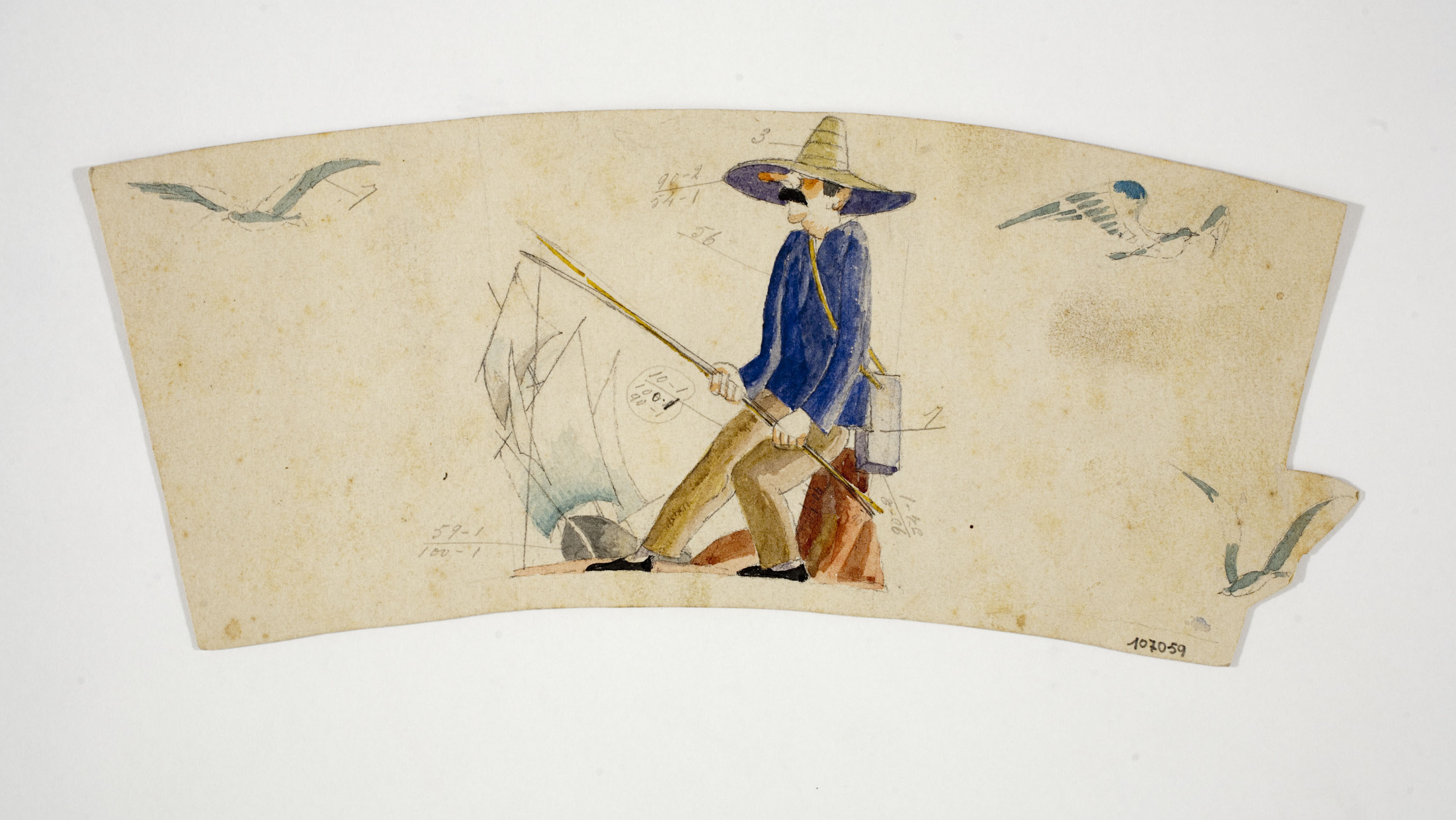 image for: Xavier Nogués - Pescador, veler i ocells. Estudi preparatori per a la decoració de vidre esmaltat - Cap a 1924-1928