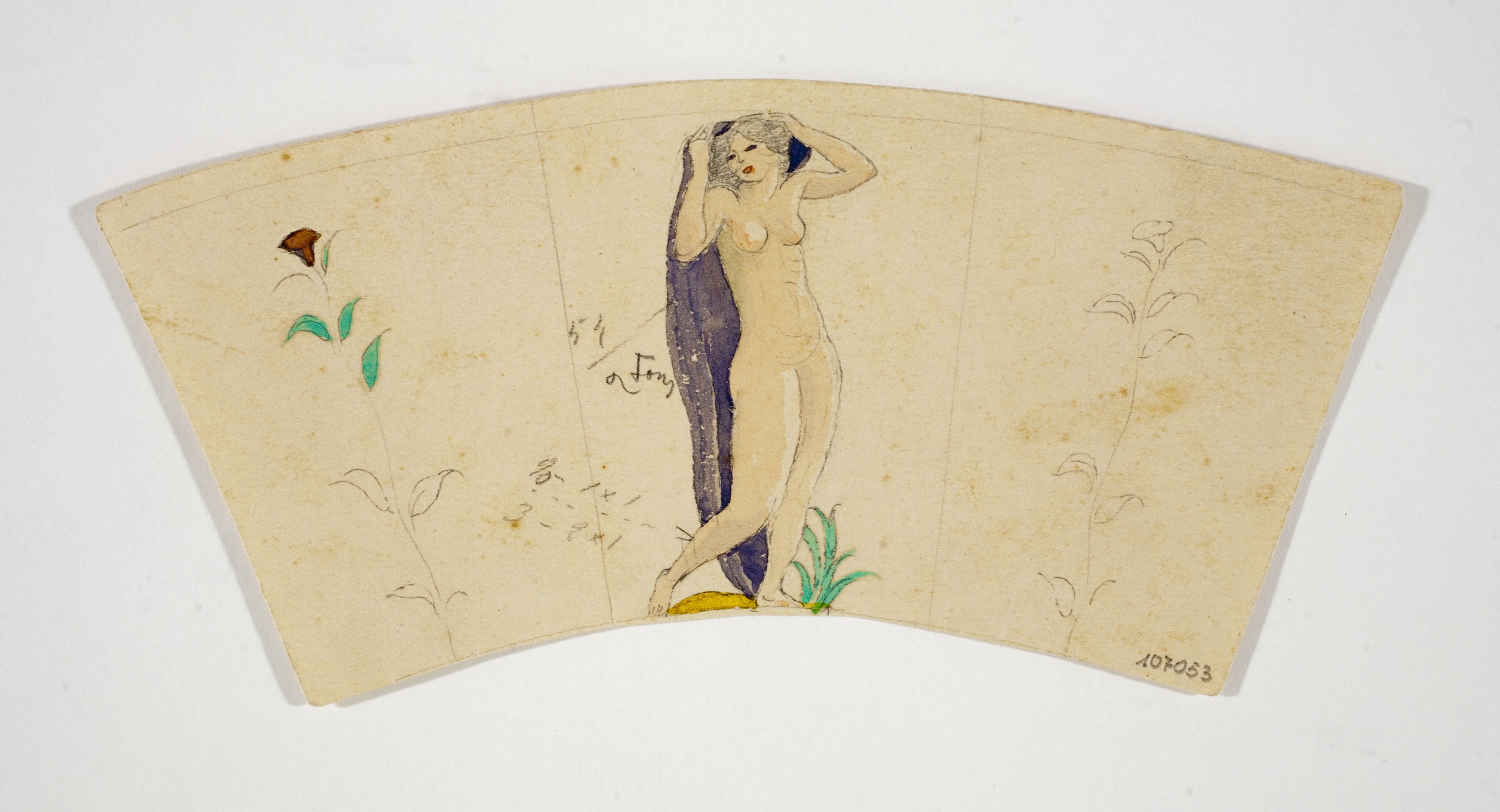 image for: Xavier Nogués - Nu femení i motius florals. Estudi preparatori per a la decoració d&#039;un got de vidre esmaltat - Cap a 1924-1928