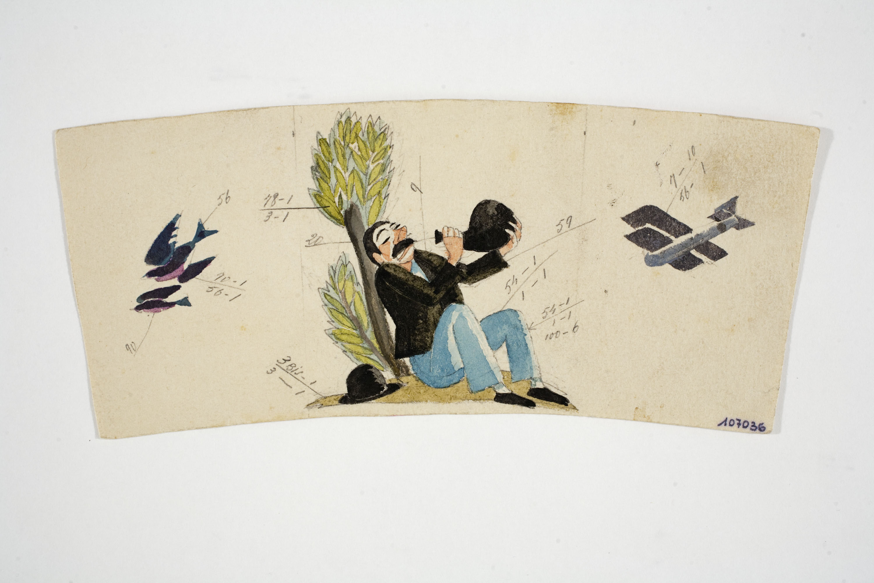 image for: Xavier Nogués - Borratxet, ocells i aeroplà. Estudi preparatori per a la decoració d&#039;un got de vidre esmaltat - Cap a 1924-1928