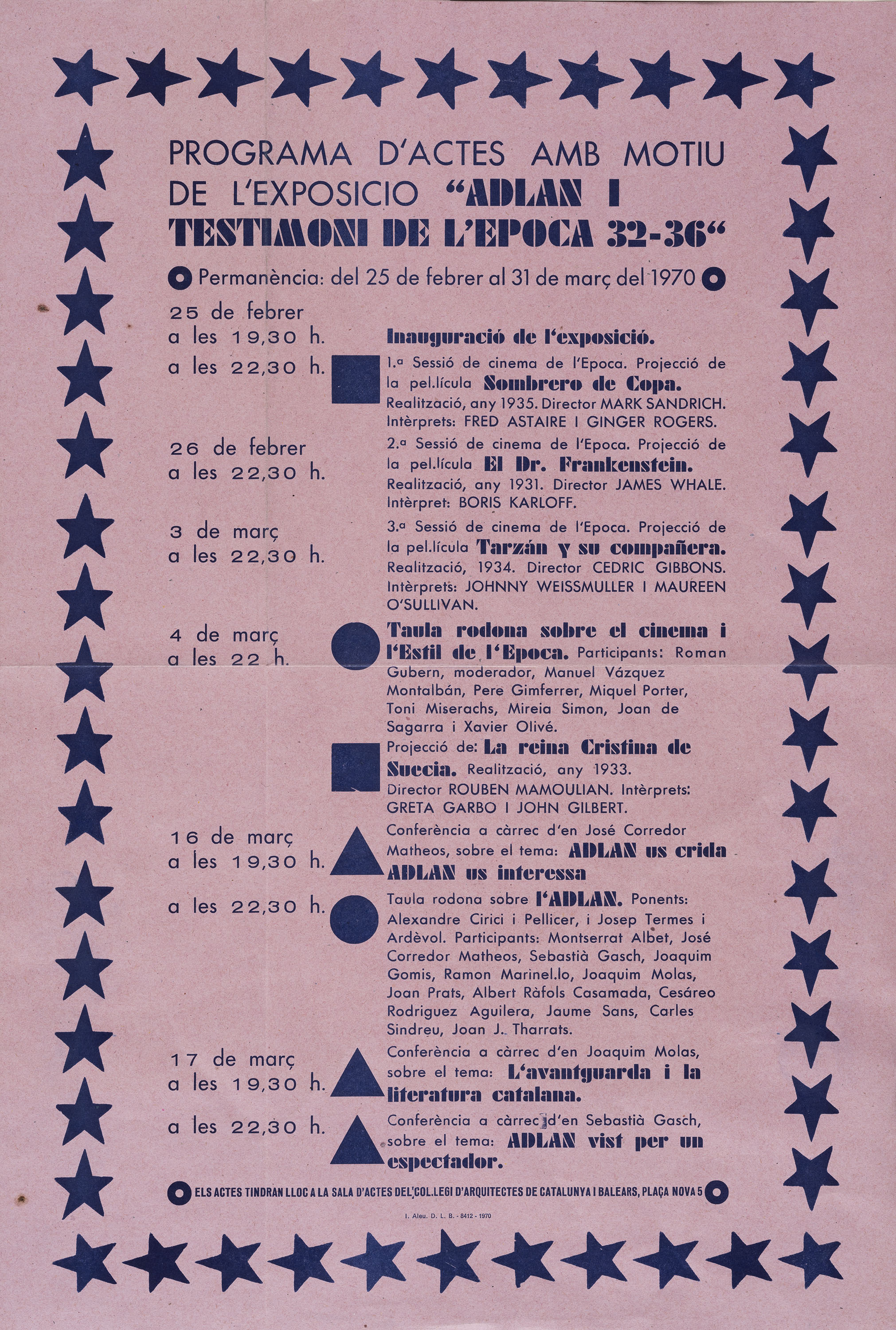 image for: Anònim - Programa d&#039;actes amb motiu de l&#039;exposició &quot;ADLAN I TESTIMONI DE L&#039;ÈPOCA 32-36&quot; (Col·legi d&#039;Arquitectes de Catalunya i Balears, Barcelona) - 1970